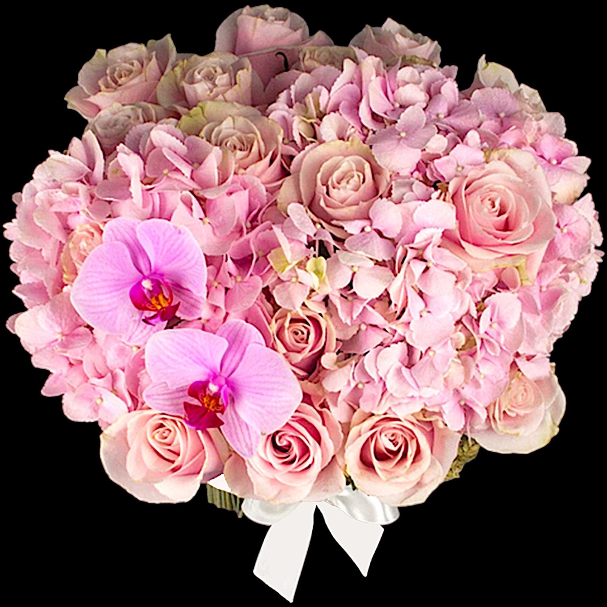 Pink rose and orchid bouquet with a white ribbon, photo 9 of 11