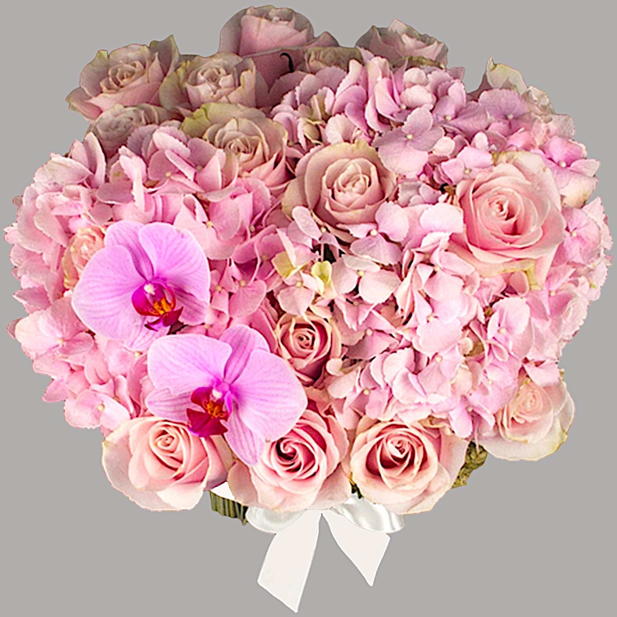 Pink rose and orchid bouquet with a white ribbon, photo 10 of 11
