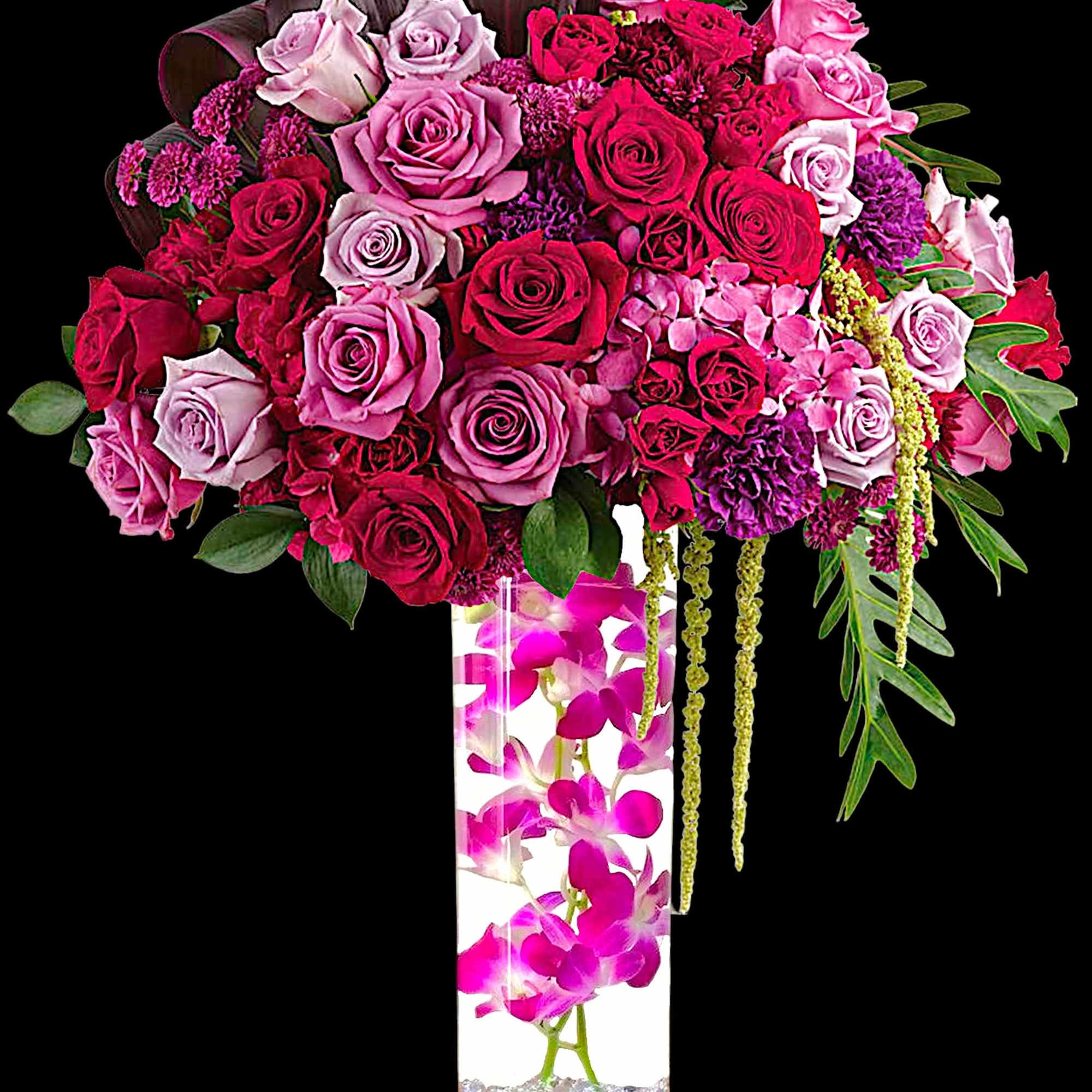 Pink and red rose arrangement in a tall clear vase with orchids, photo 3 of 4