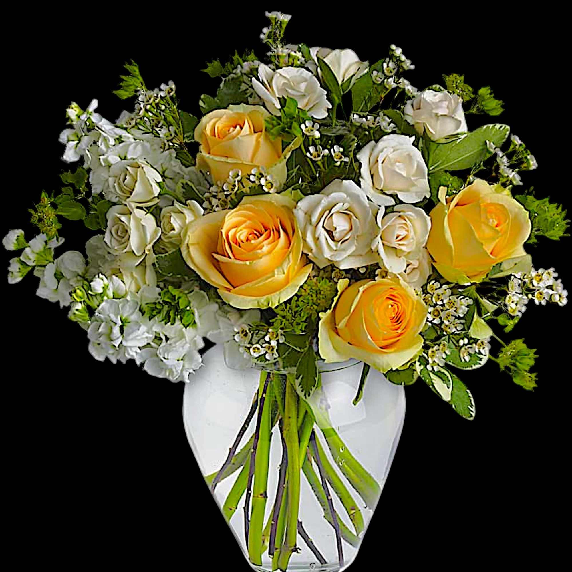 Yellow and white roses arranged in a clear glass vase, photo 3 of 4