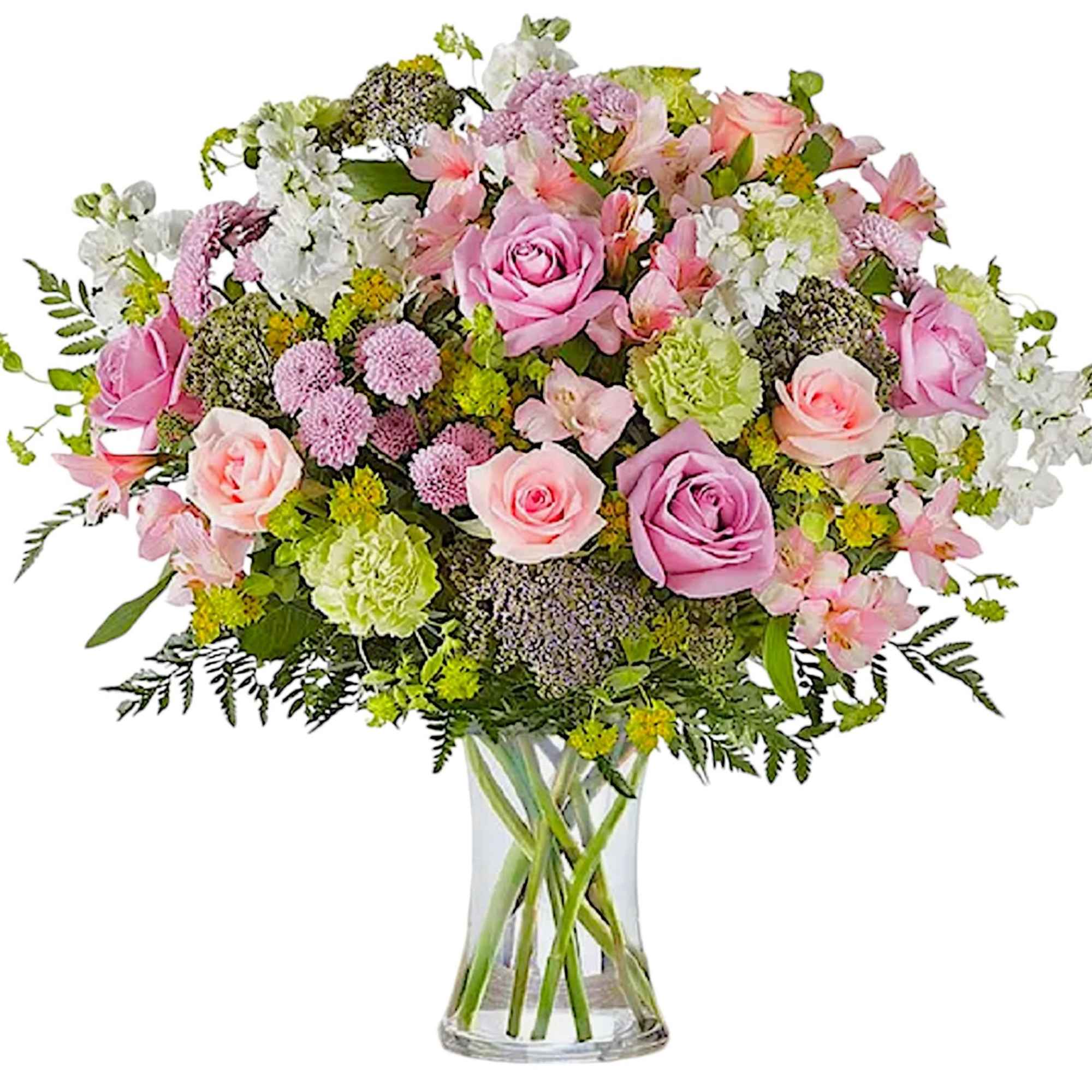 Pink and white mixed bouquet in a clear glass vase