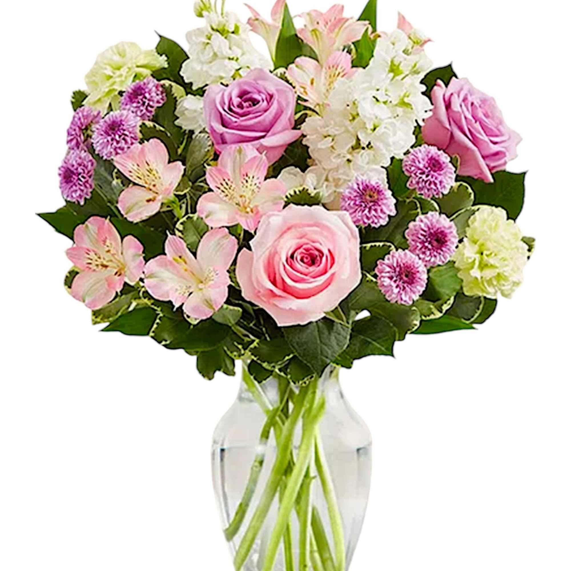Pink and white mixed bouquet in a clear glass vase