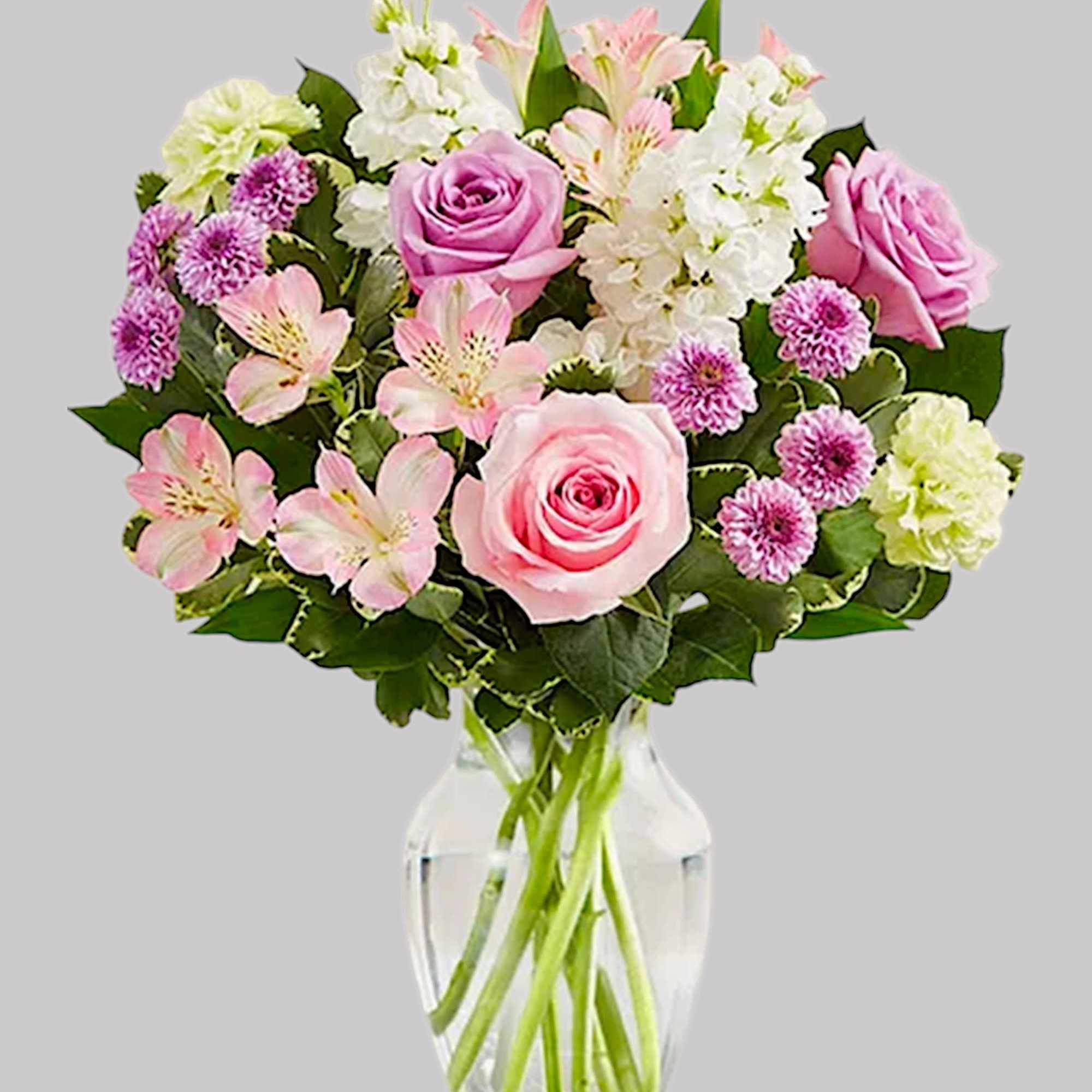 Pink and white mixed bouquet in a clear glass vase, photo 6 of 6