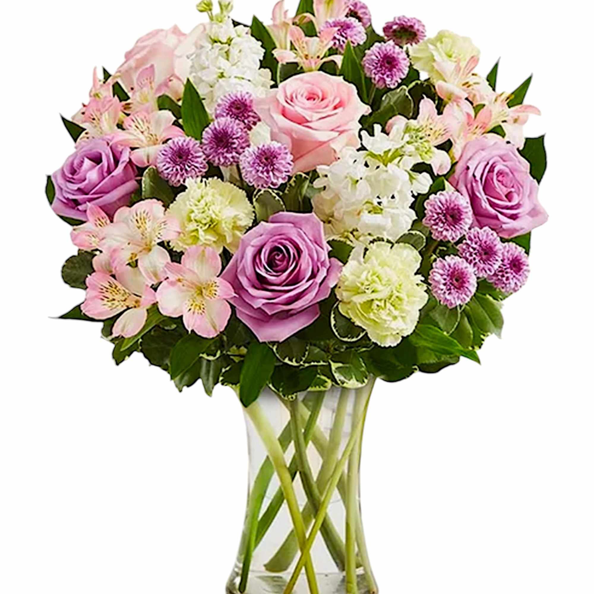 Bouquet of pink and lavender flowers in a clear glass vase