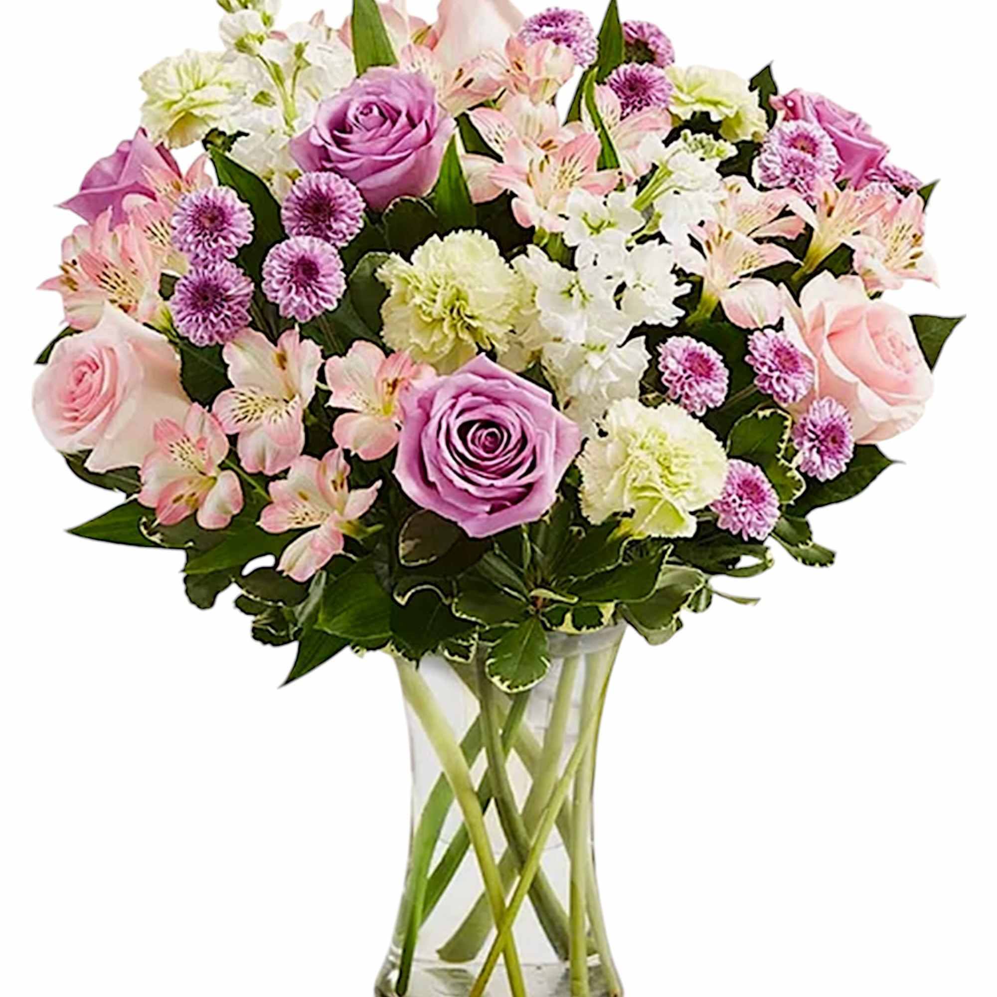 Pink and lavender bouquet in a clear glass vase