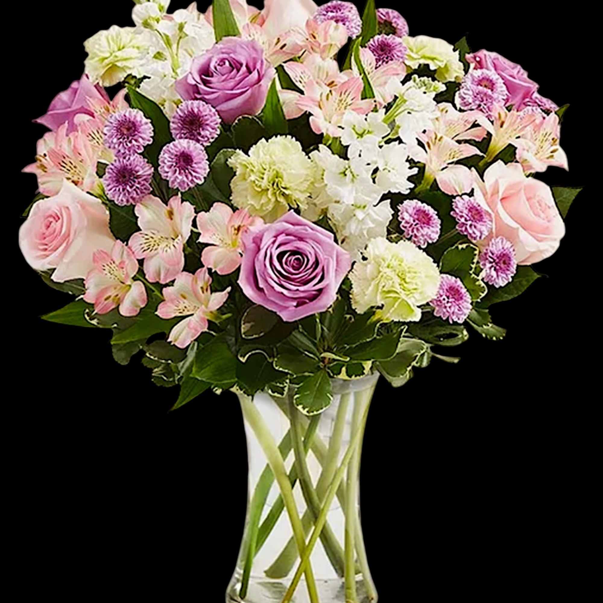 Pink and lavender bouquet in a clear glass vase, photo 5 of 6