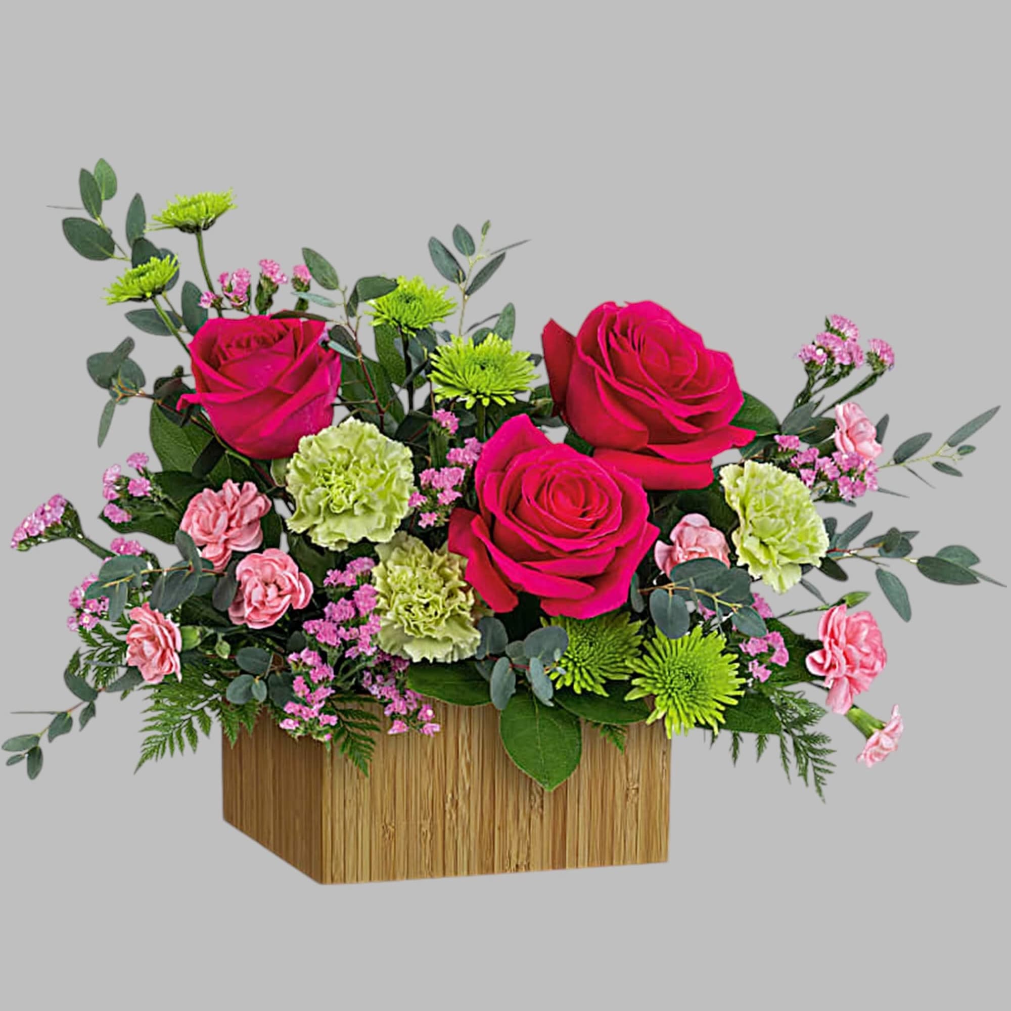 Pink roses and carnations in a wooden box with green accents, photo 4 of 4