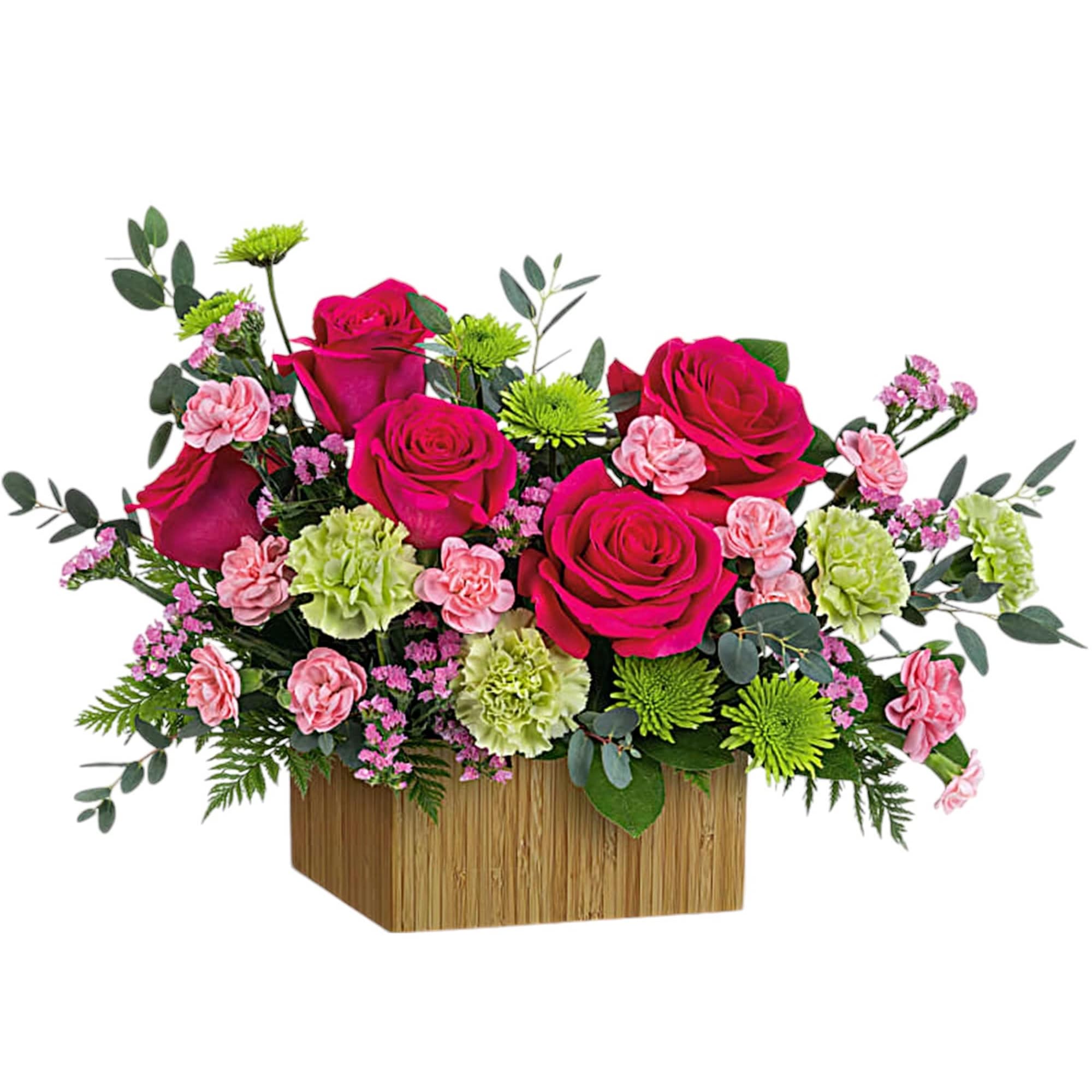Pink roses and carnations in a wooden box arrangement