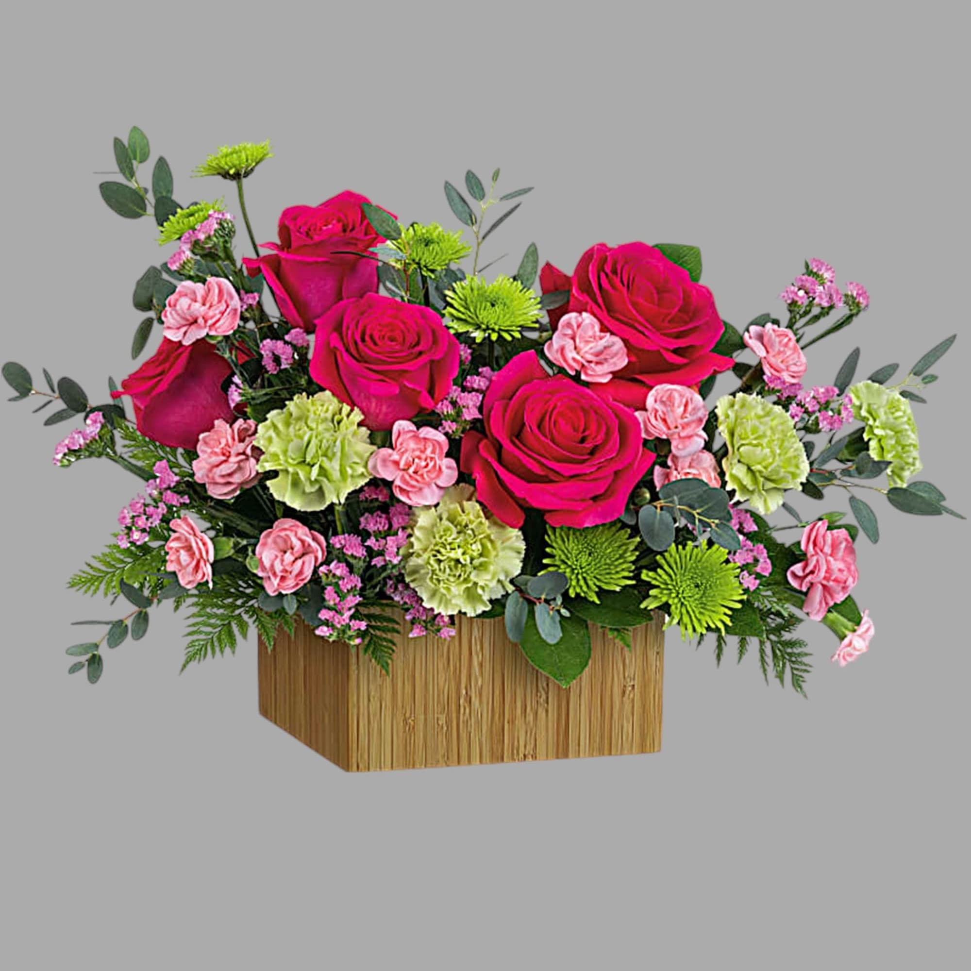Pink roses and carnations in a wooden box arrangement, photo 4 of 4