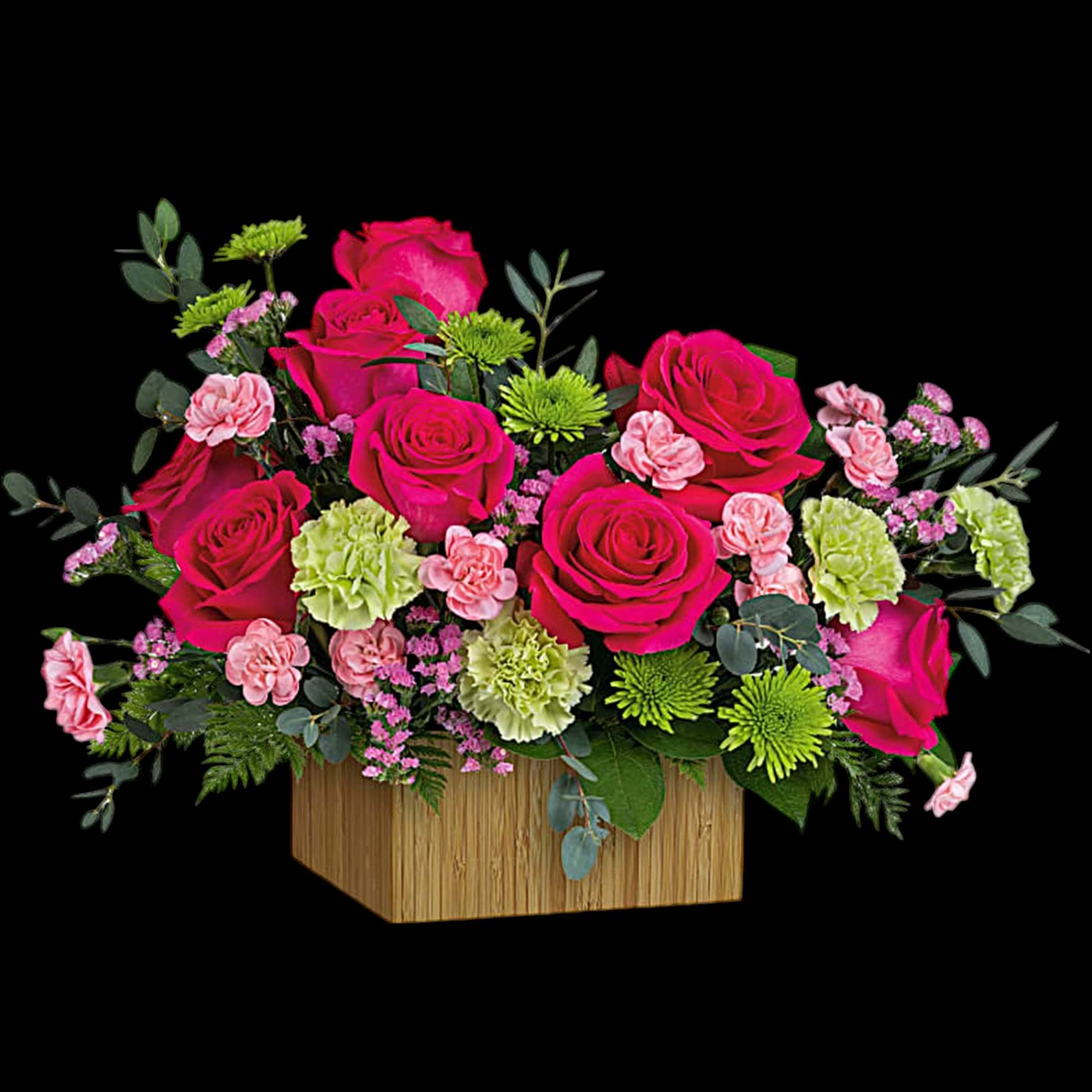 Hot pink roses and carnations in a wooden box arrangement