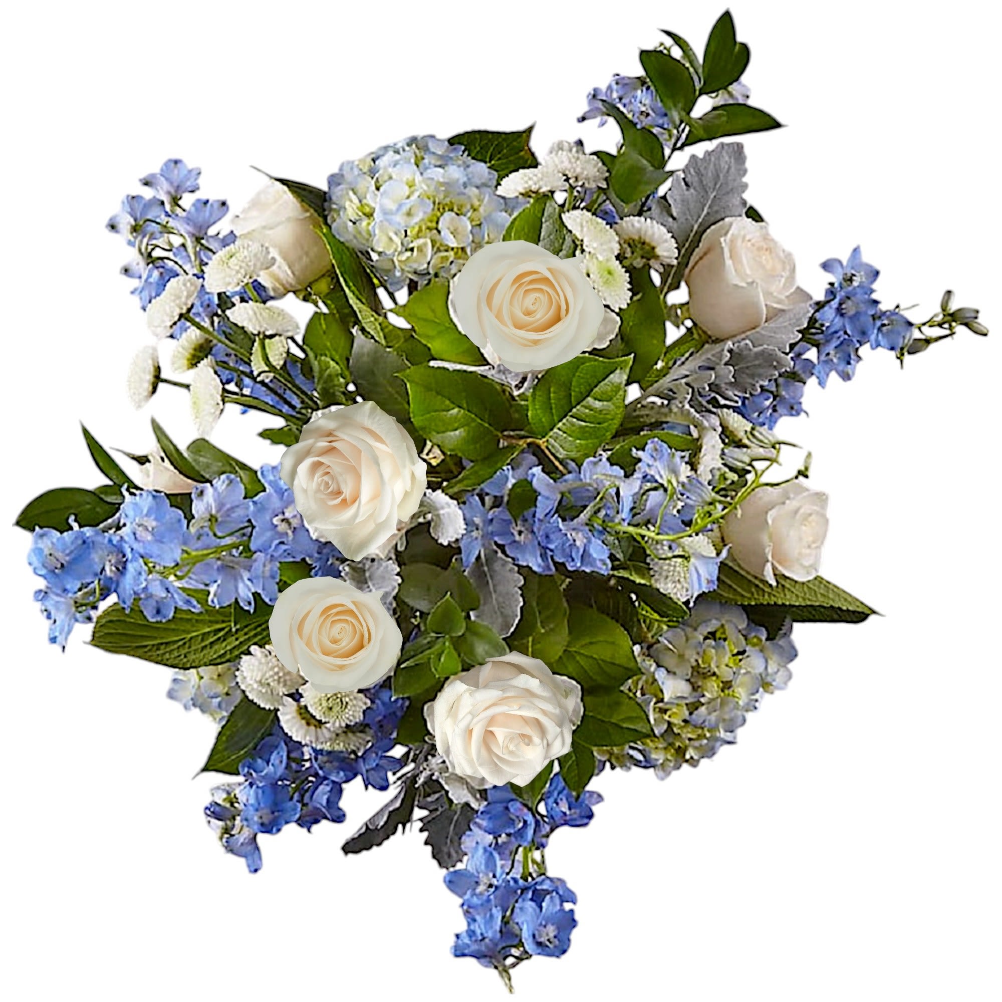 Bouquet of white roses, blue flowers, and hydrangea