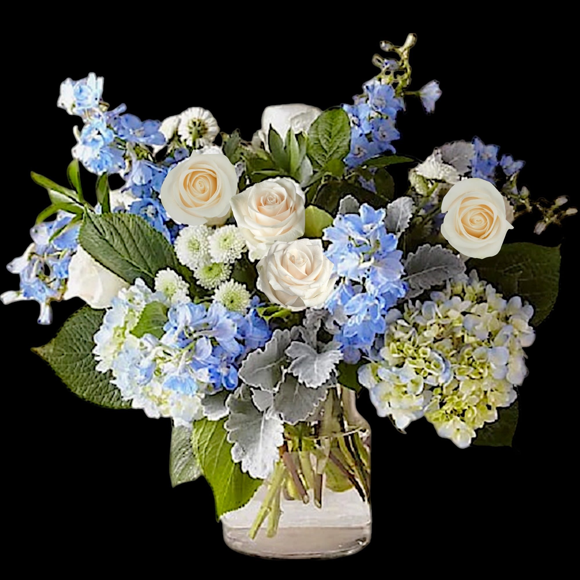 Blue and white flower arrangement in a clear glass vase, photo 5 of 7