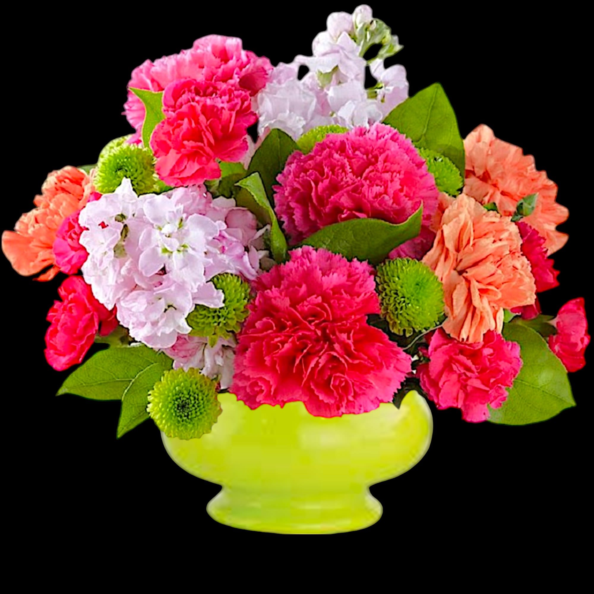 Bright mixed bouquet in a lime green vase with pink and peach flowers, photo 4 of 5