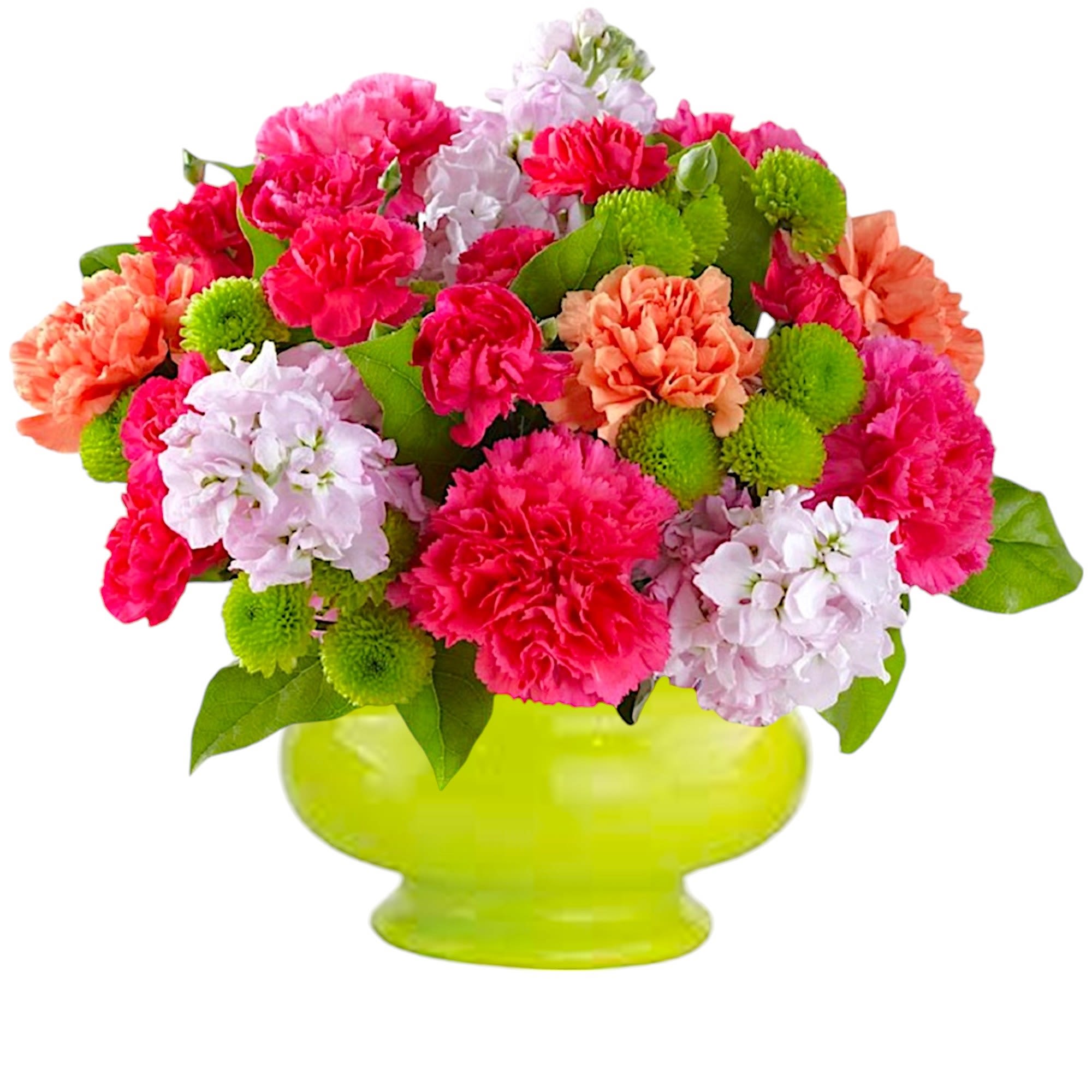 Bright mixed bouquet in a lime green vase