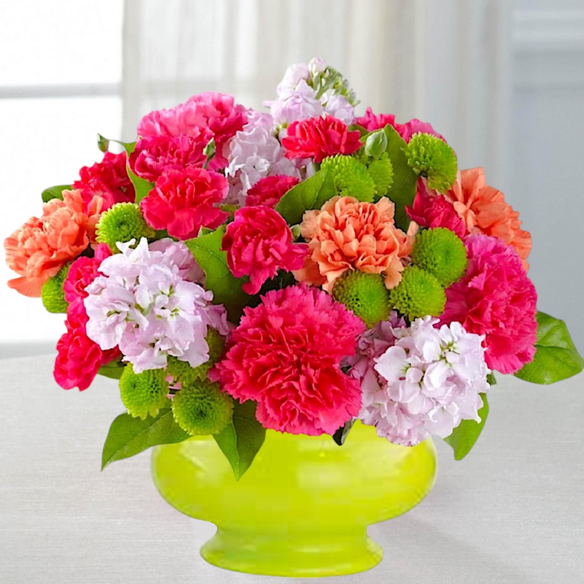 Bright mixed bouquet in a lime green vase, photo 2 of 5