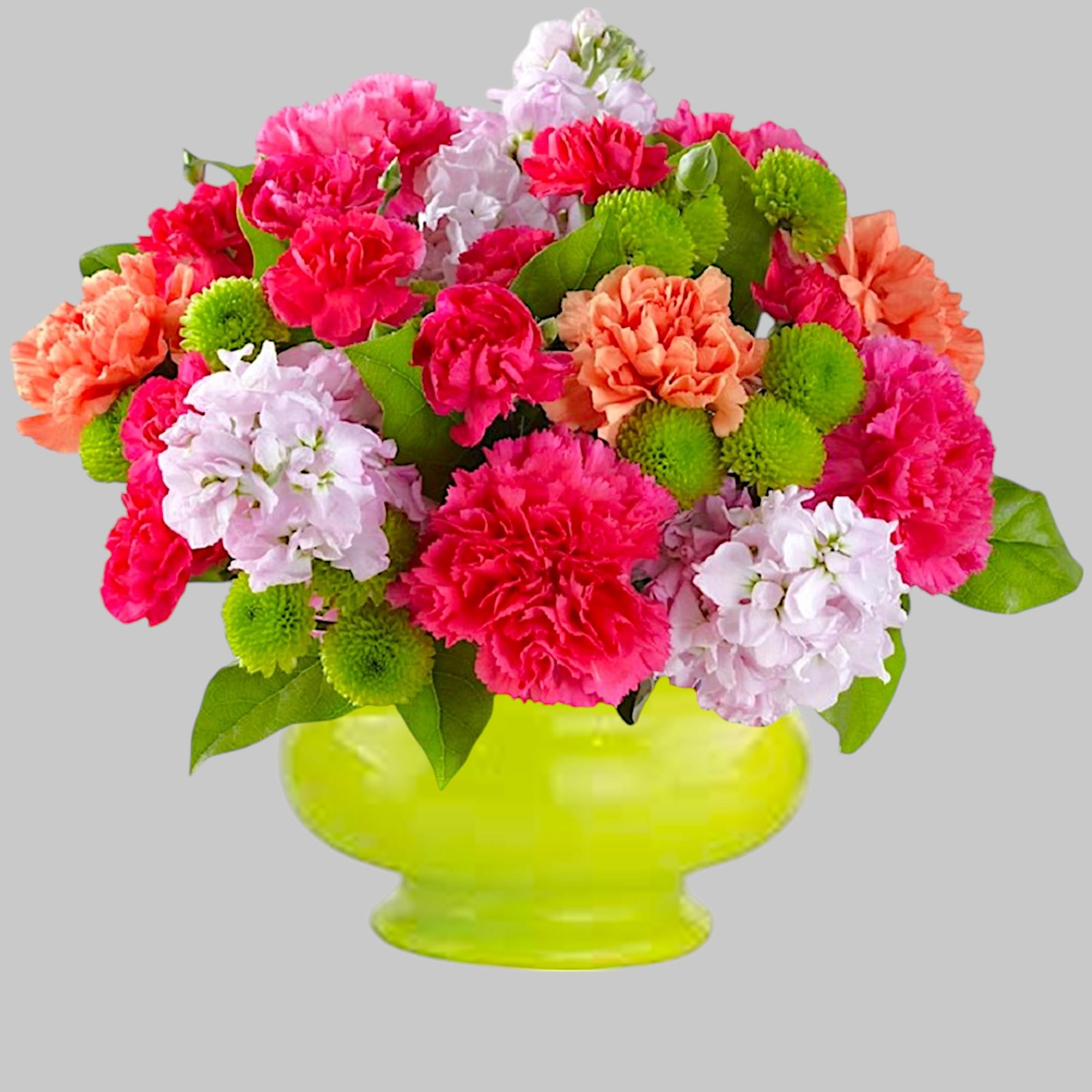 Bright mixed bouquet of carnations and green button mums in a lime vase, photo 3 of 5