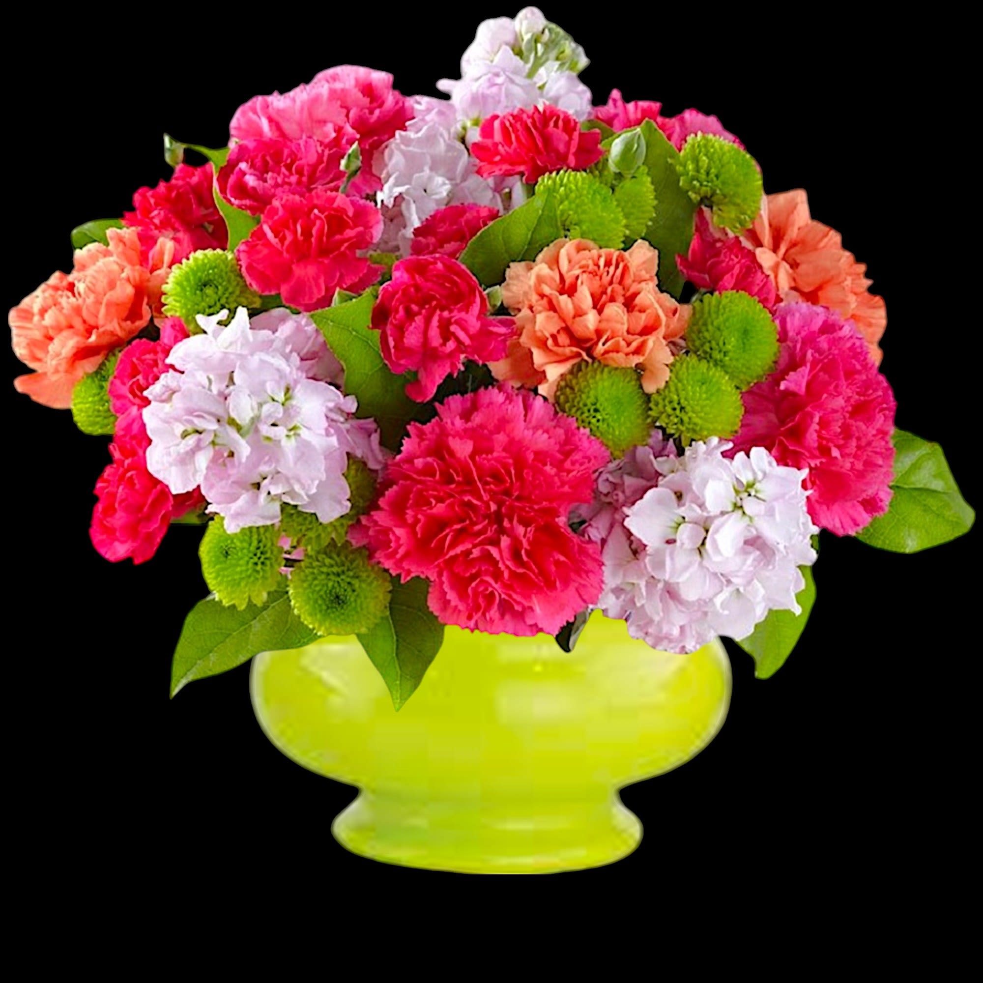 Bright mixed bouquet of carnations and green button mums in a lime vase, photo 4 of 5