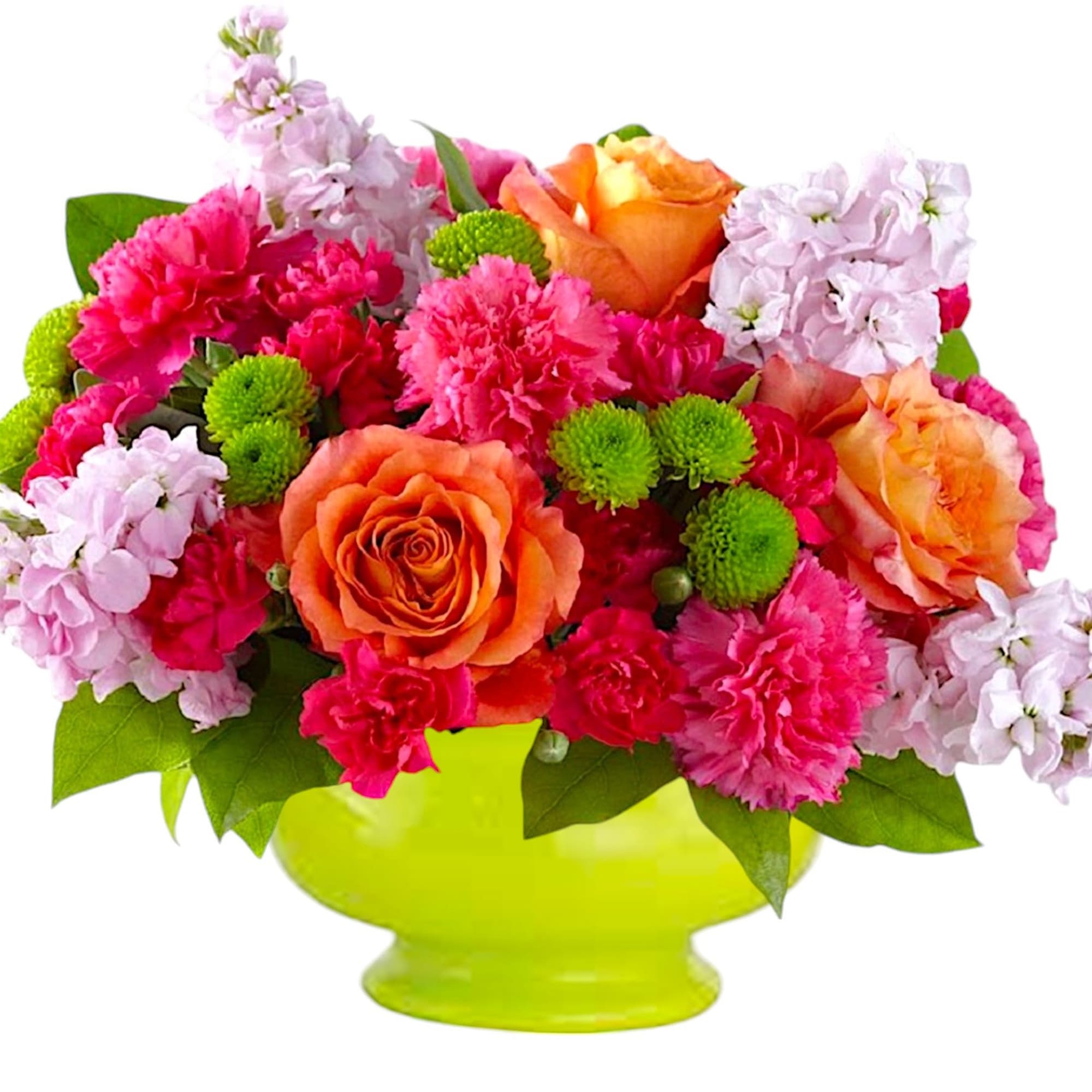 Mixed bouquet of orange roses, pink carnations, and green button mums in a lime vase