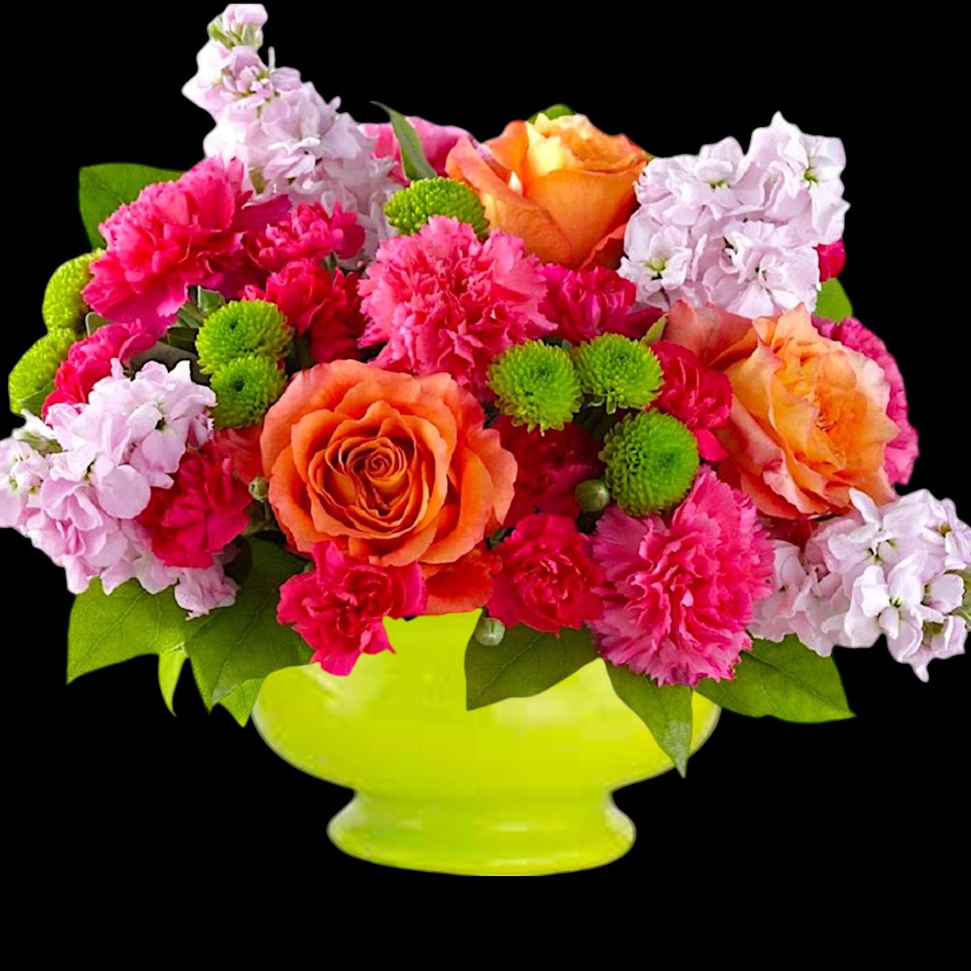 Bright mixed bouquet in a lime green vase with orange roses and pink carnations, photo 3 of 4