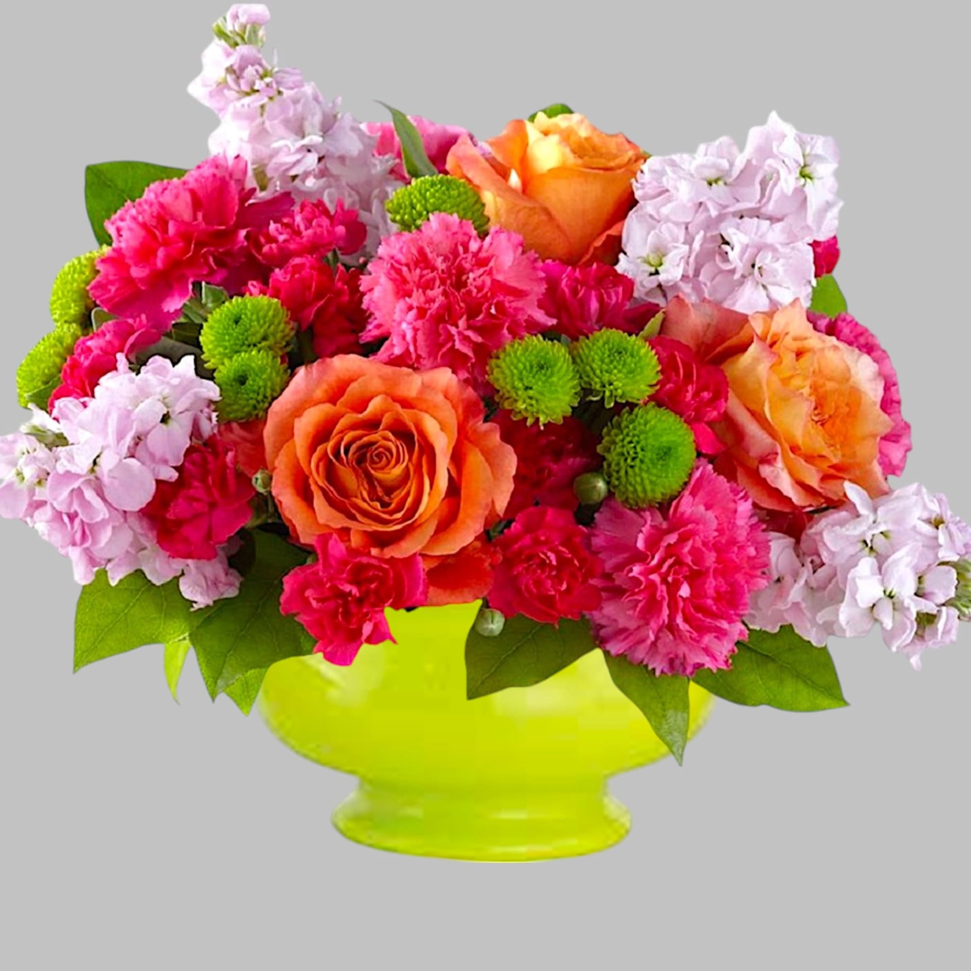 Bright mixed bouquet in a lime green vase with orange roses and pink carnations, photo 4 of 4