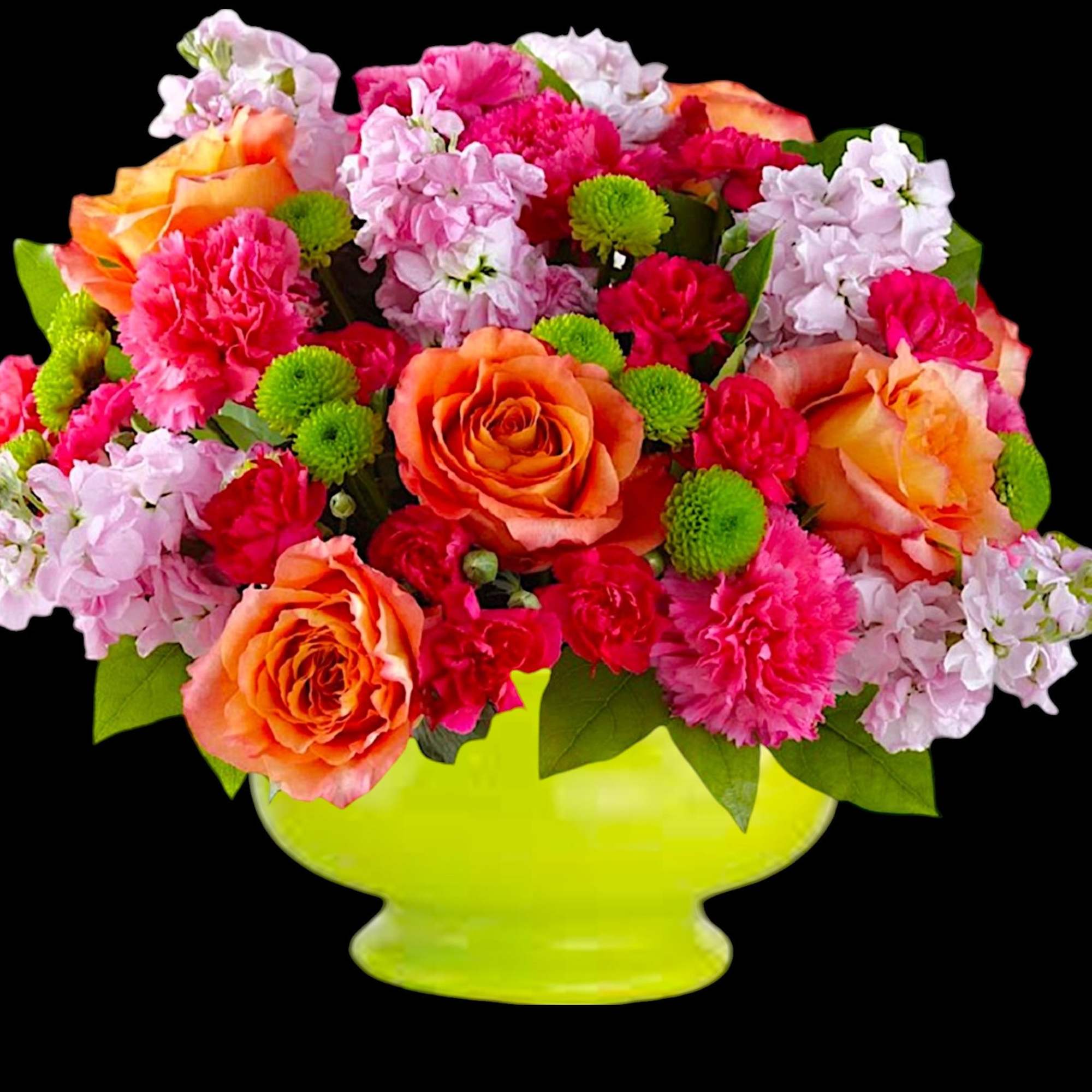 Bright mixed bouquet in a lime green vase