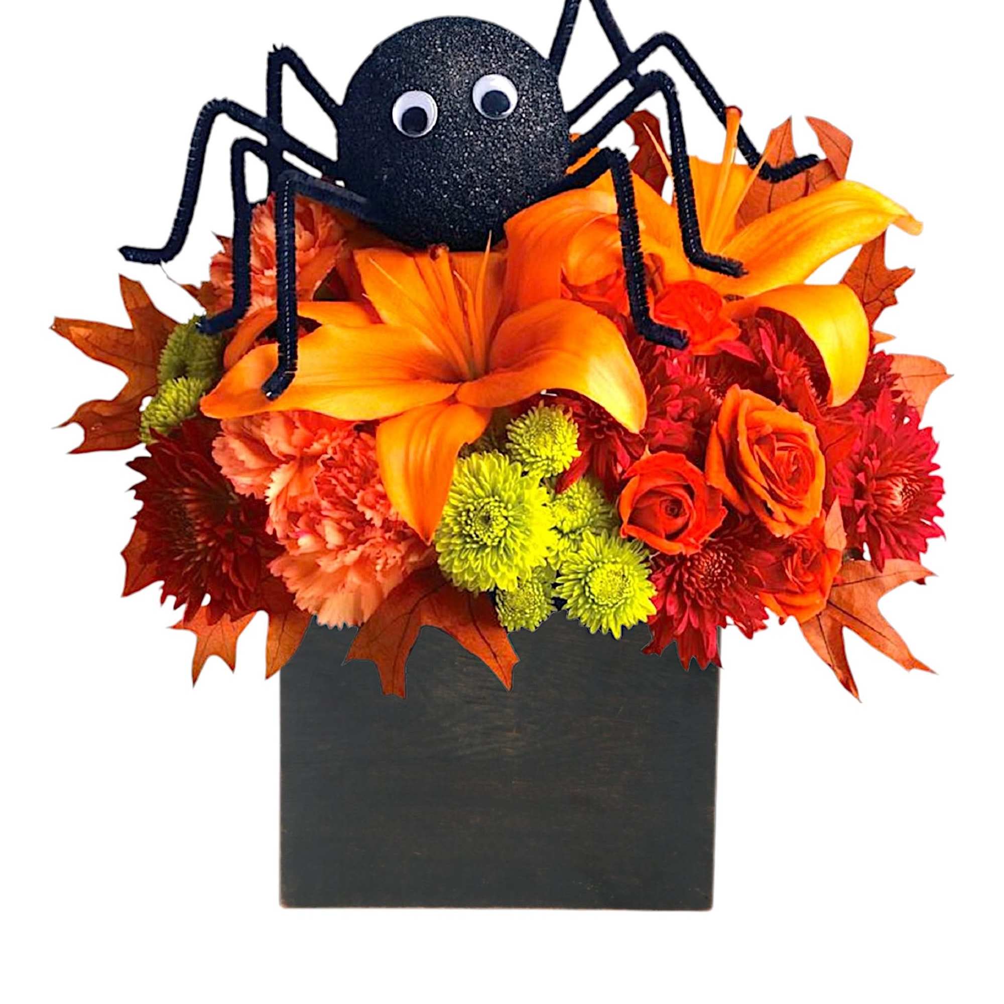 Halloween floral arrangement with a black spider topper in a black box