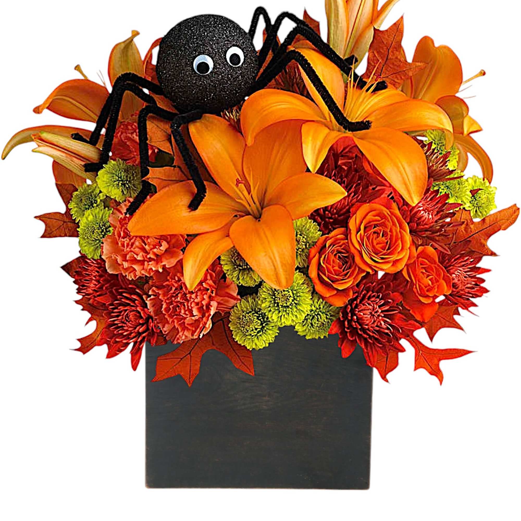 Halloween bouquet with orange lilies and a decorative spider in a black vase