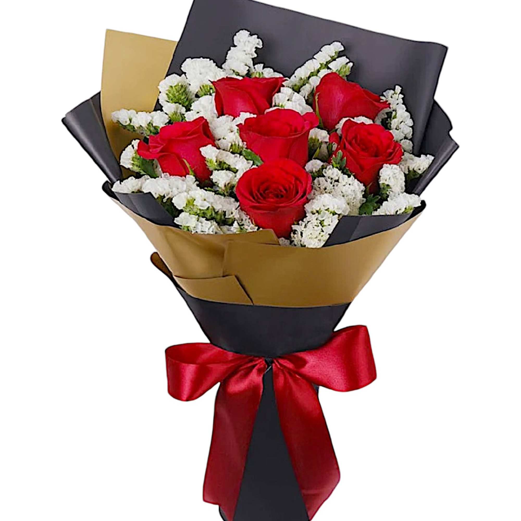 Bouquet of red roses with white filler flowers wrapped in black and gold paper