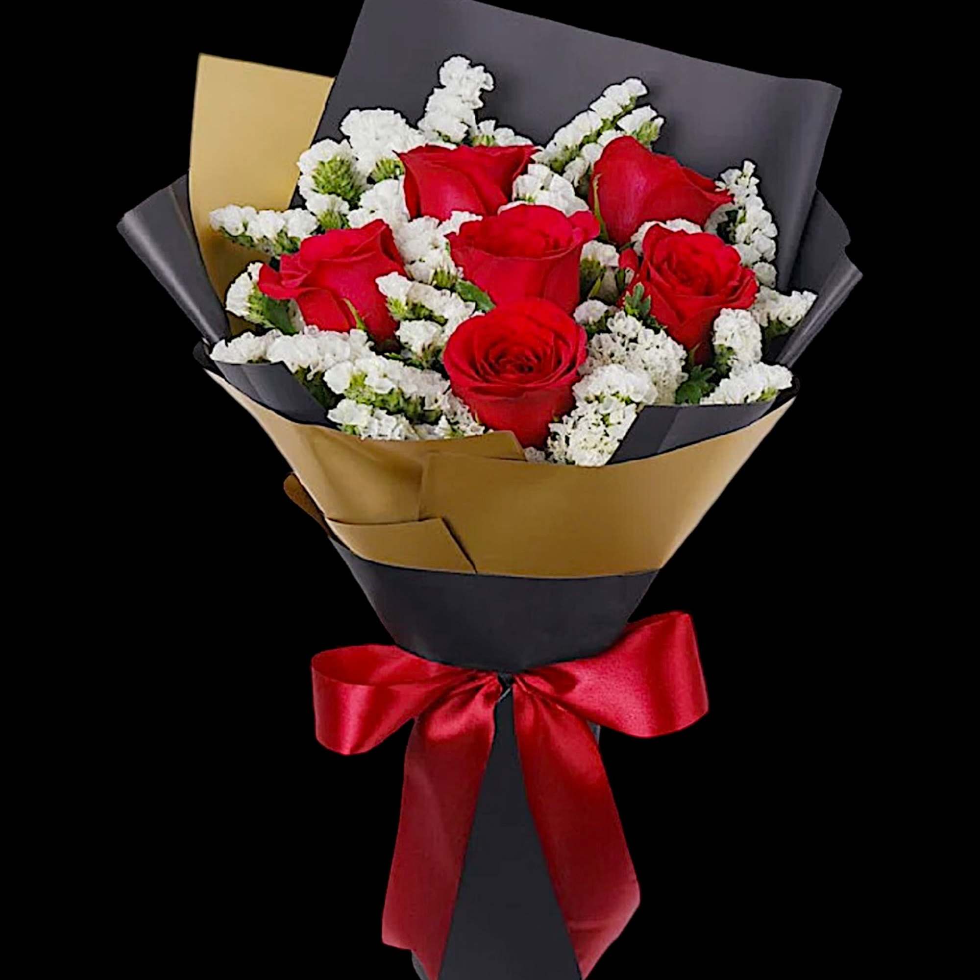 Bouquet of red roses with white filler flowers wrapped in black and gold paper, photo 3 of 5