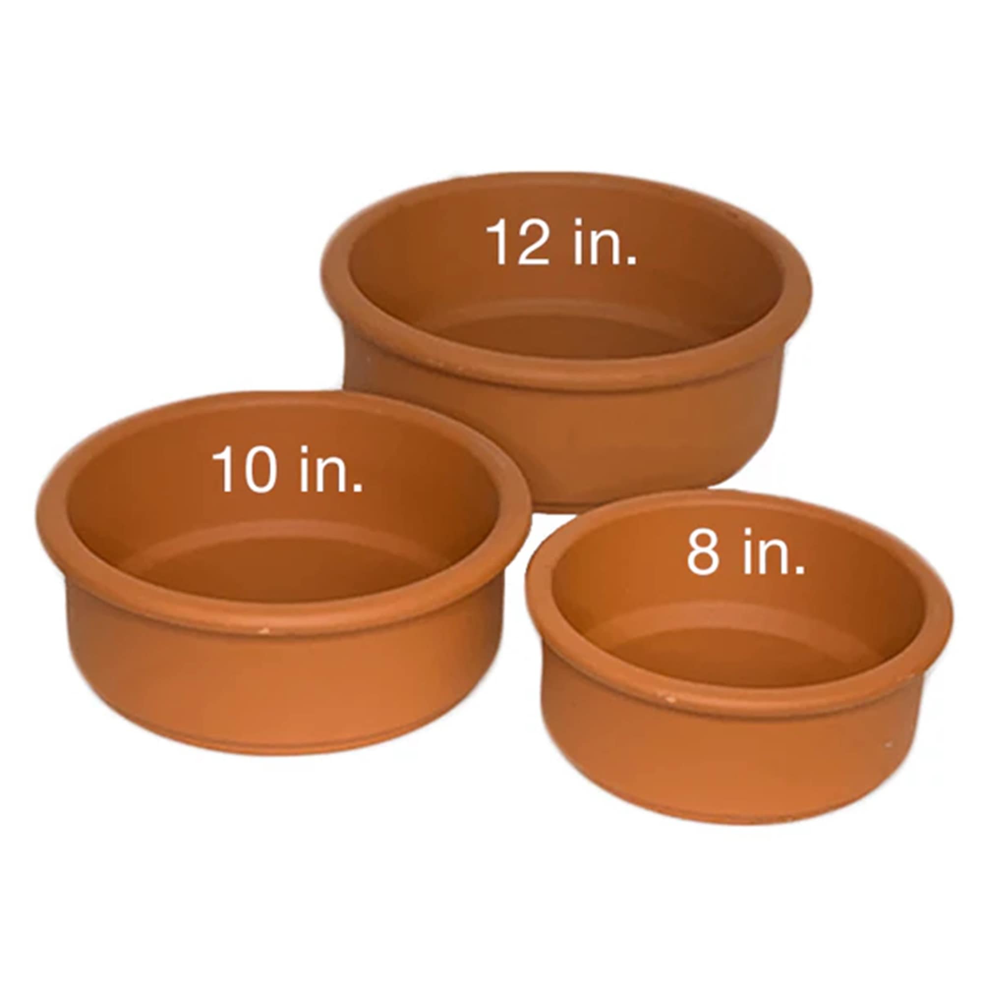 Three terracotta plant pots labeled 8, 10, and 12 inches