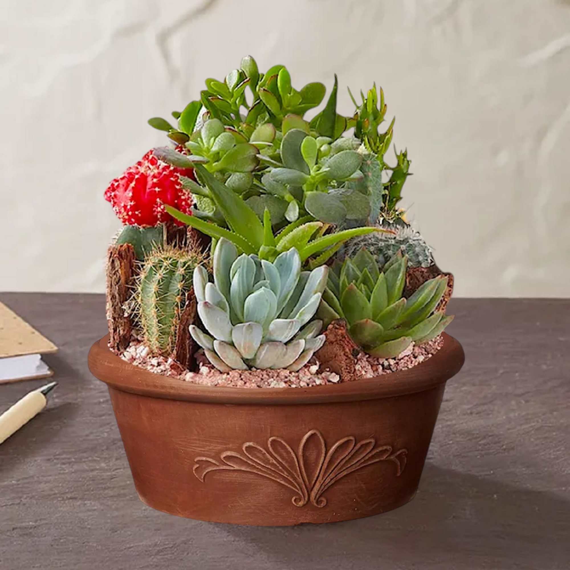 Succulent arrangement in a brown ceramic pot with a red cactus bloom