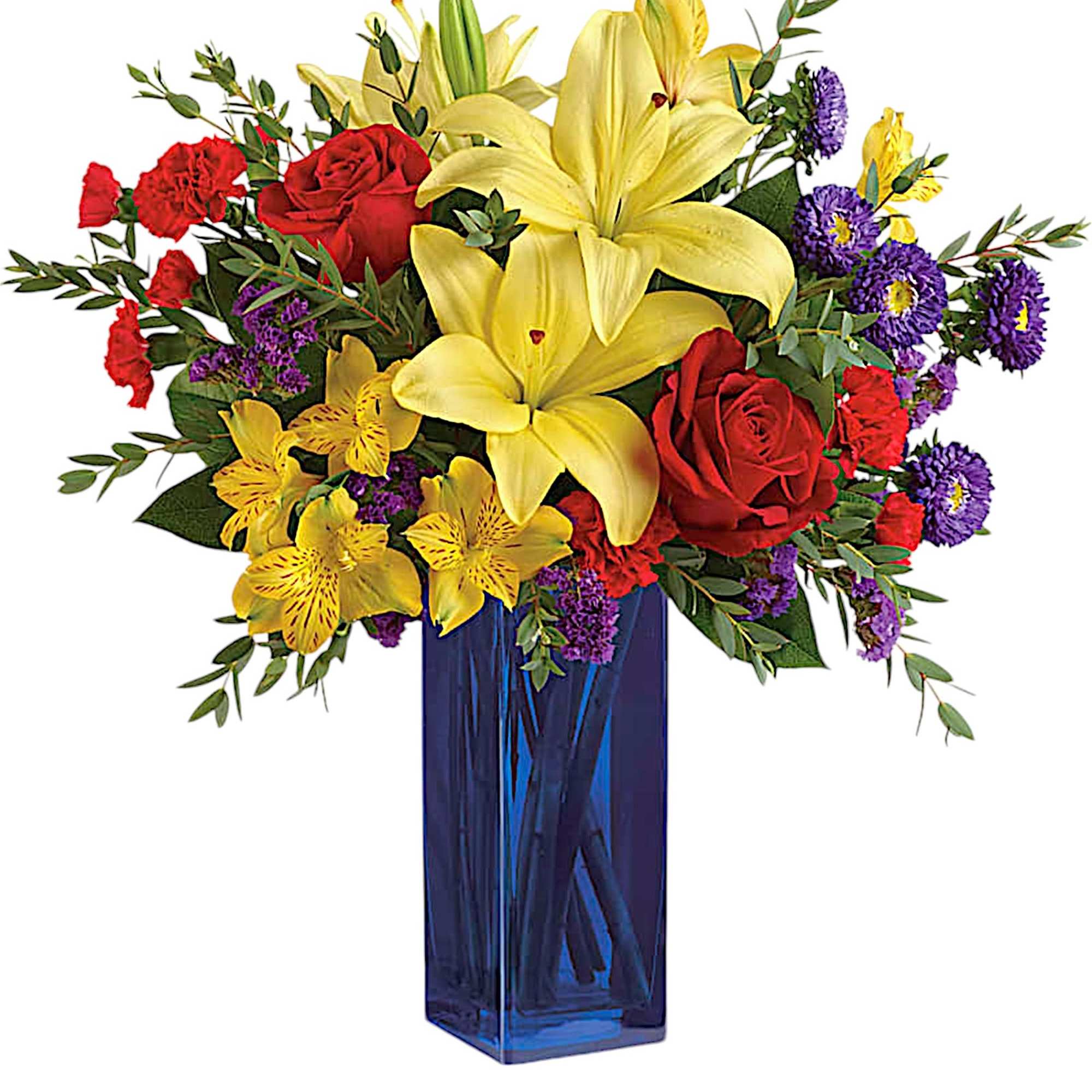 Bouquet of yellow lilies, red roses, and purple flowers in a blue vase