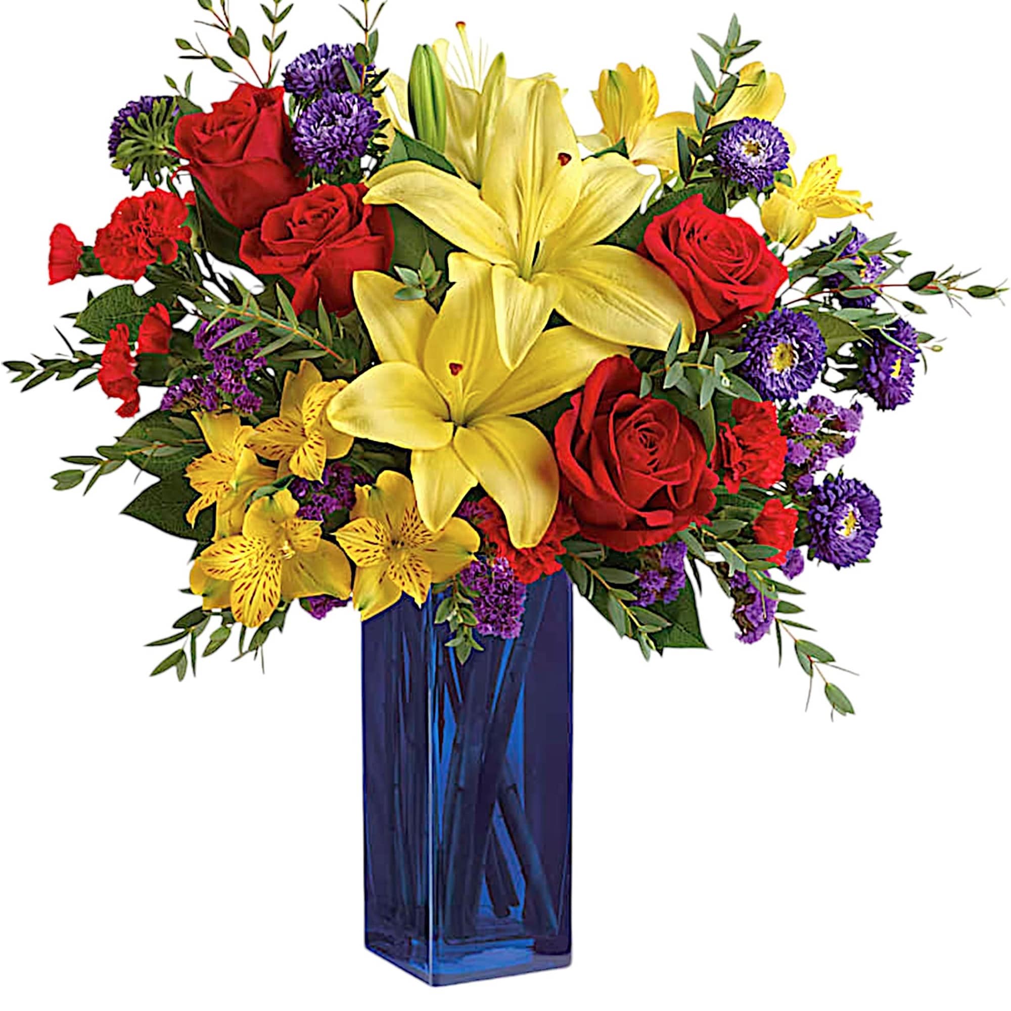 Bouquet of red roses and yellow lilies in a blue glass vase