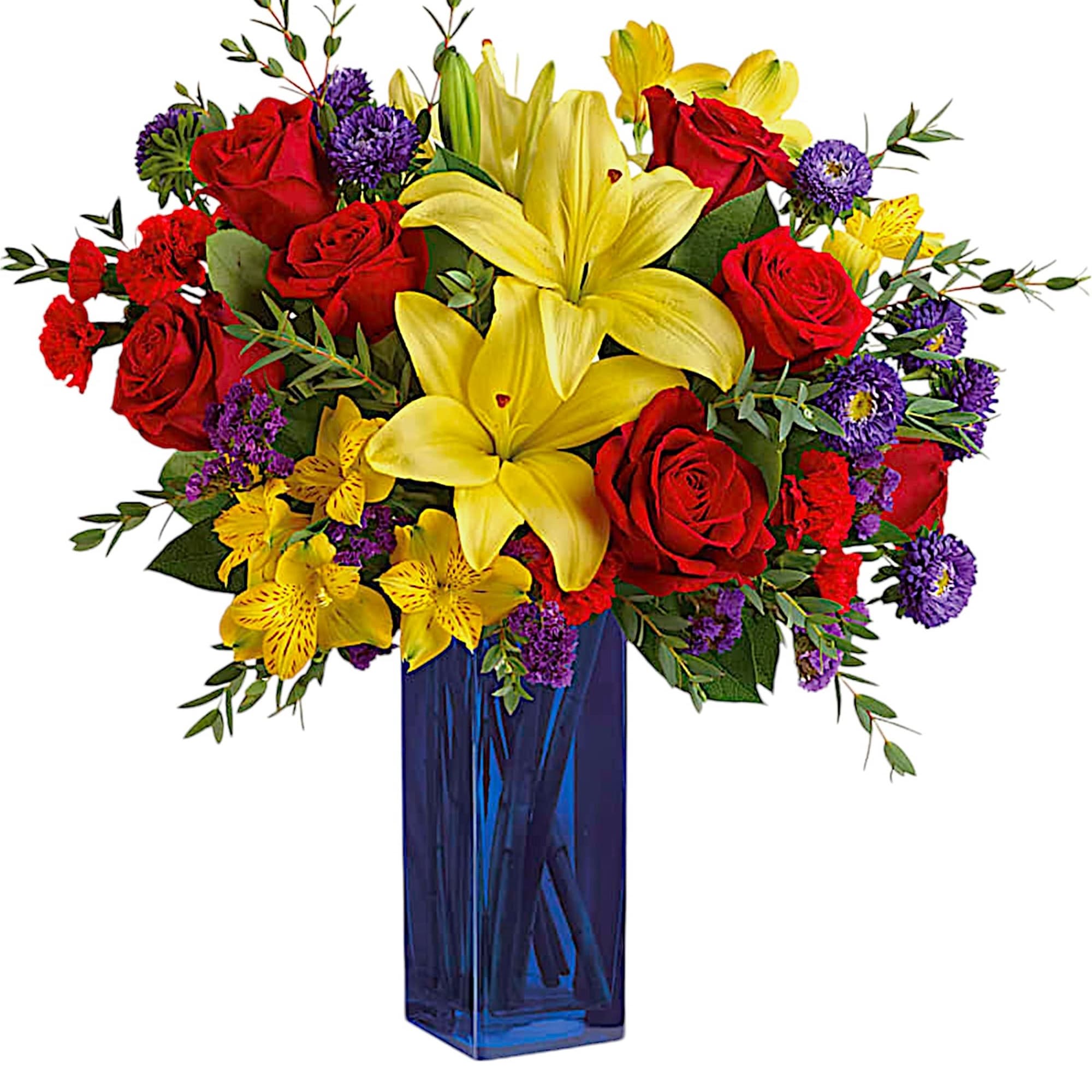 Celebrate any occasion with flying colors! This bold, beautiful arrangement of red