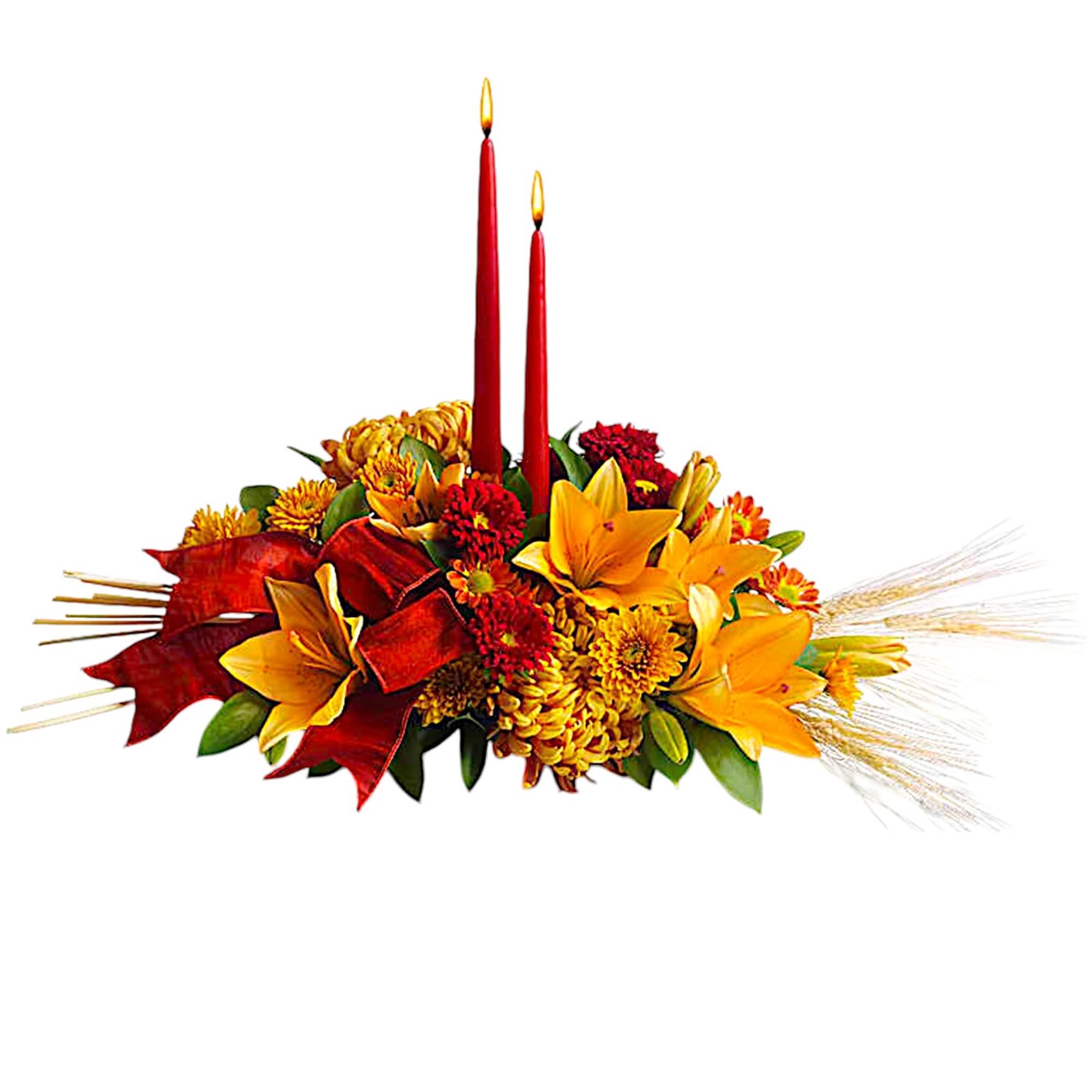 Autumn floral centerpiece with two red candles and yellow flowers