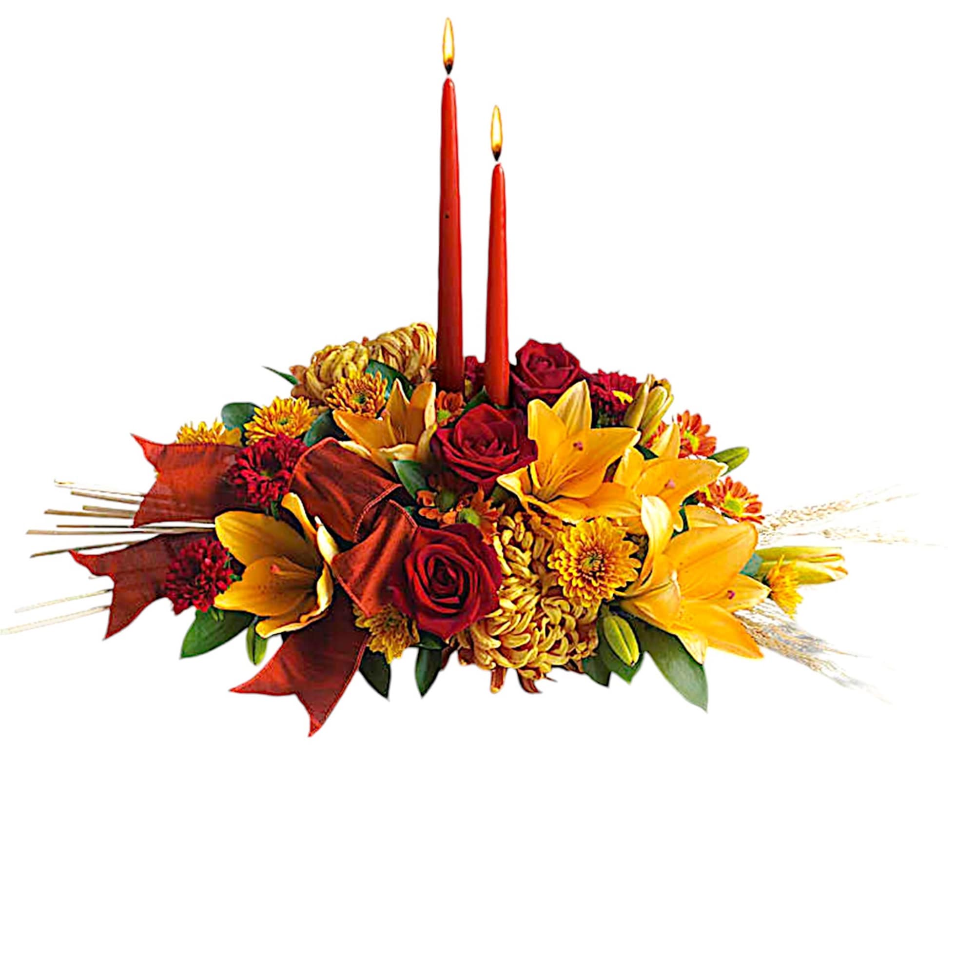 Autumn floral centerpiece with two red taper candles