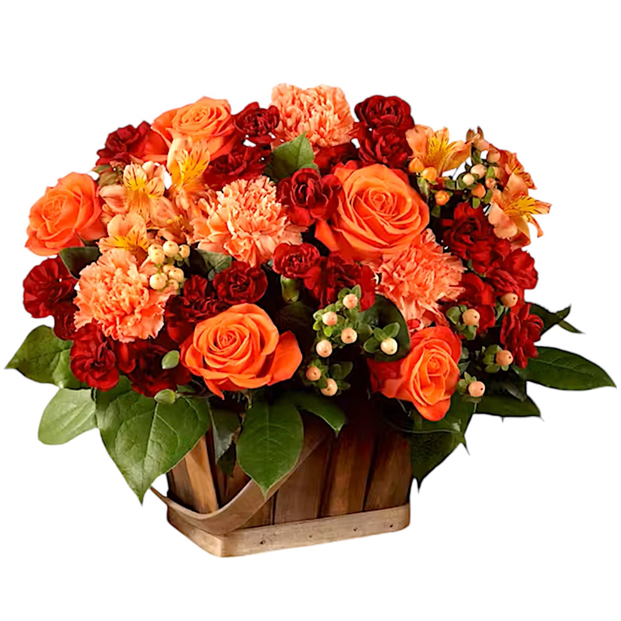 Orange and red flower arrangement in a wooden basket