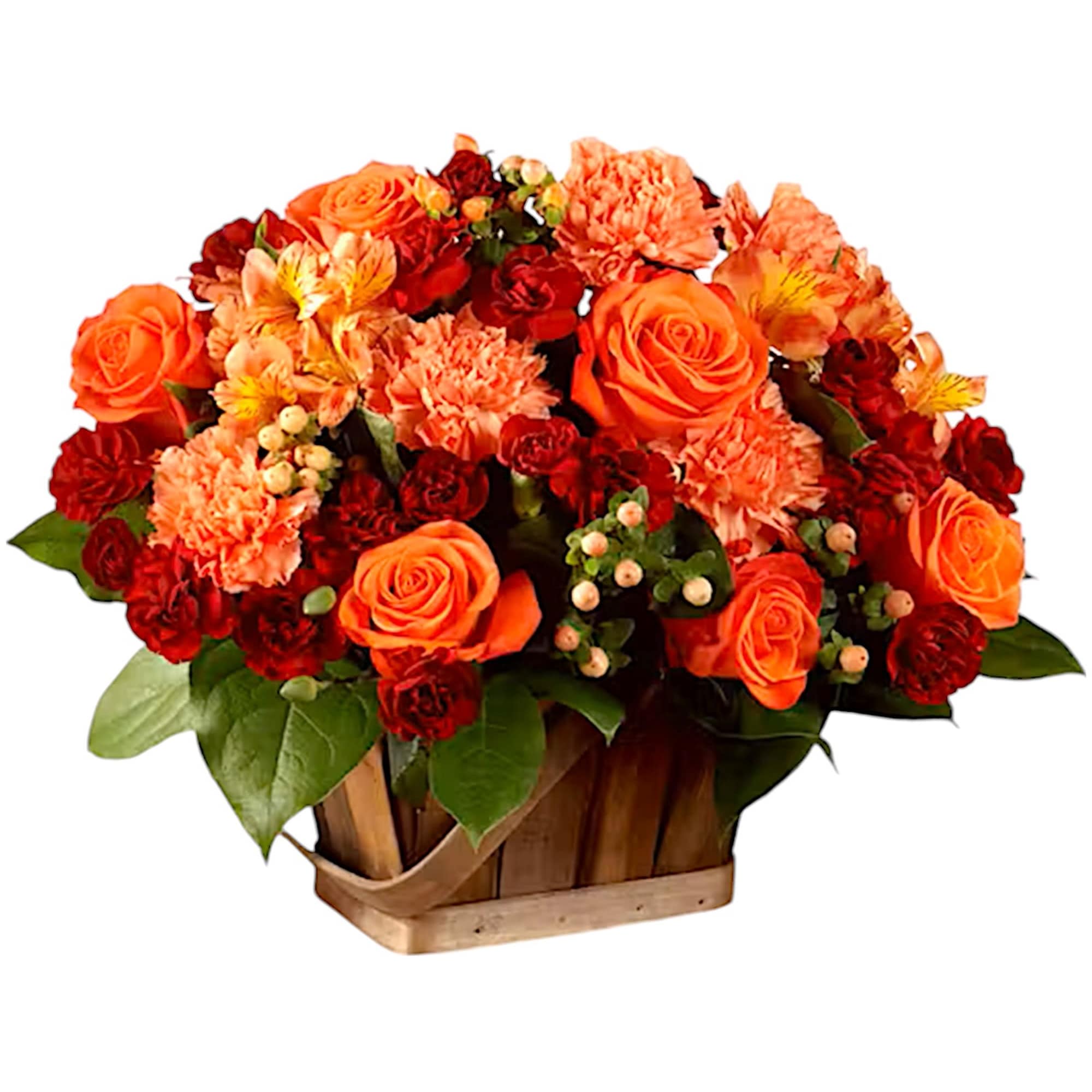 Orange and red flower arrangement in a wooden basket
