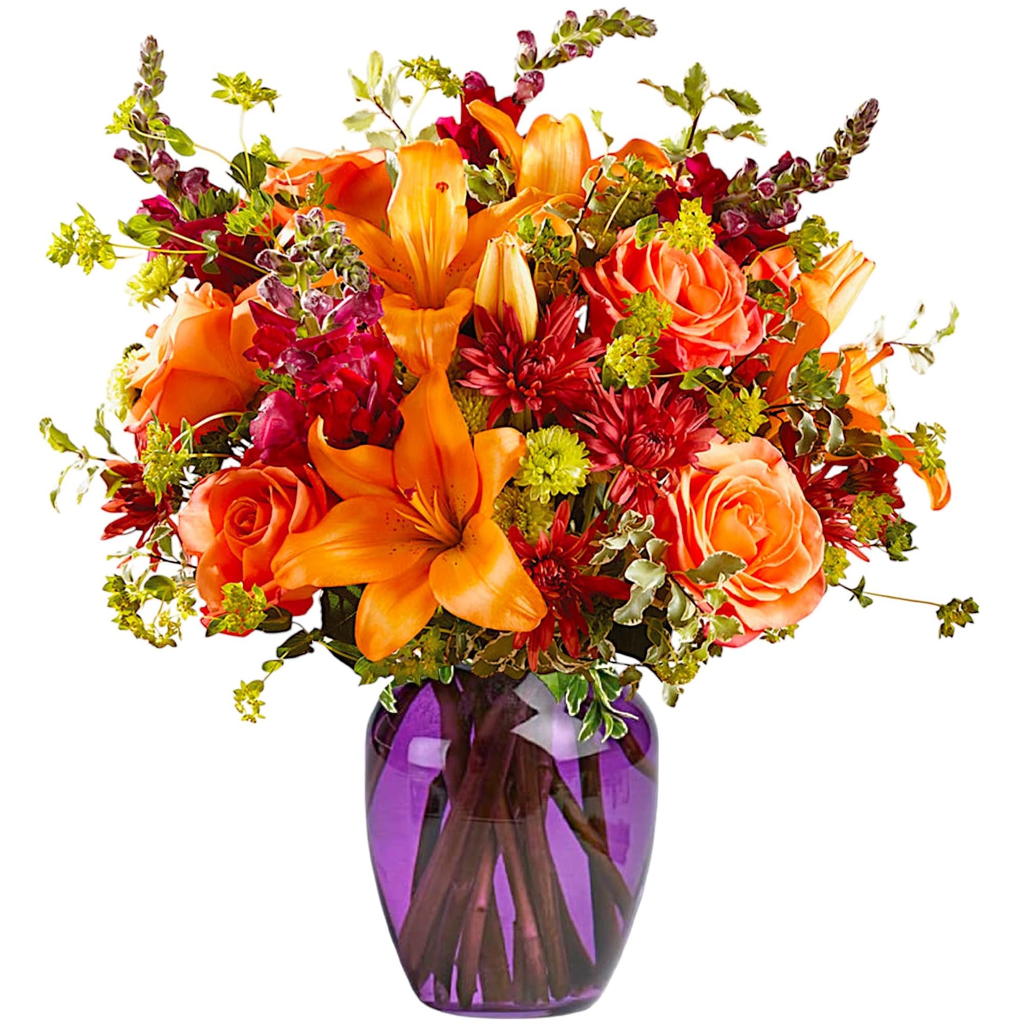 Orange lilies and roses in a purple glass vase