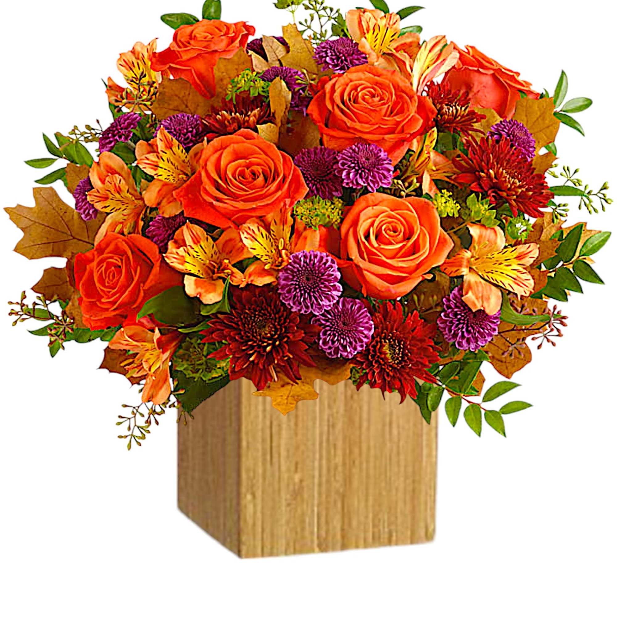 Orange roses and purple mums in a wooden cube vase