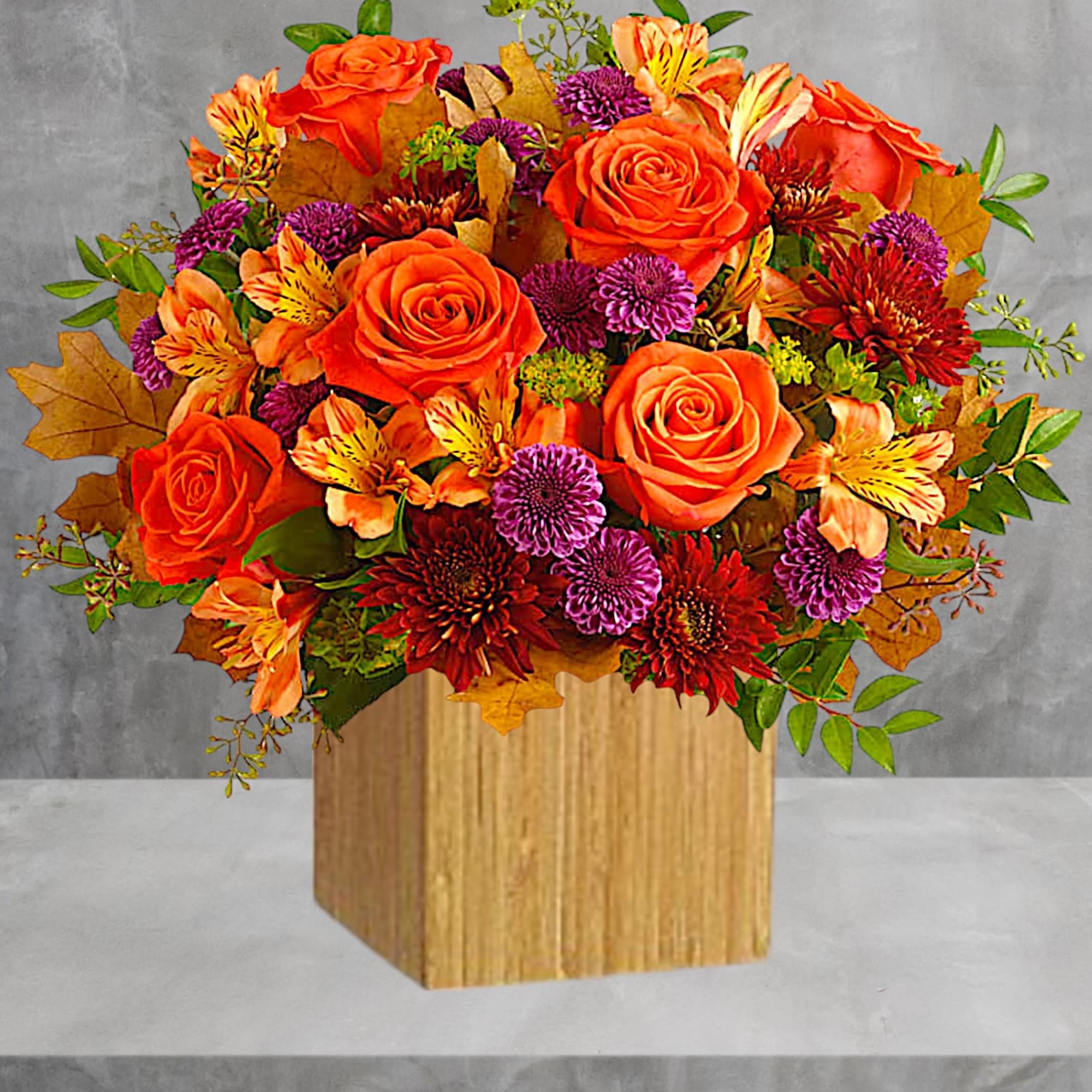 Orange roses and purple mums in a wooden cube vase, photo 3 of 3