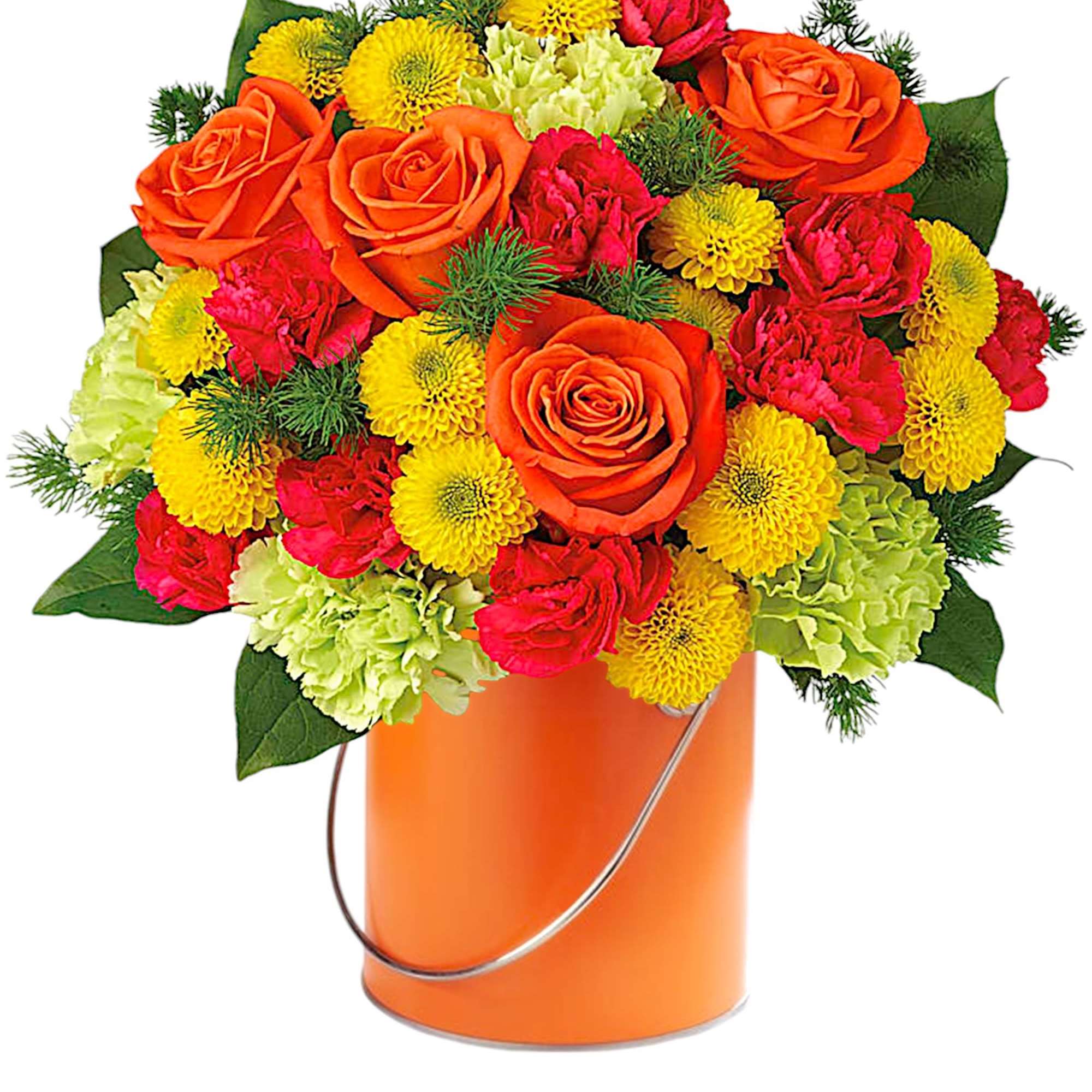 Mixed bouquet of orange roses, yellow mums, and pink carnations in an orange bucket