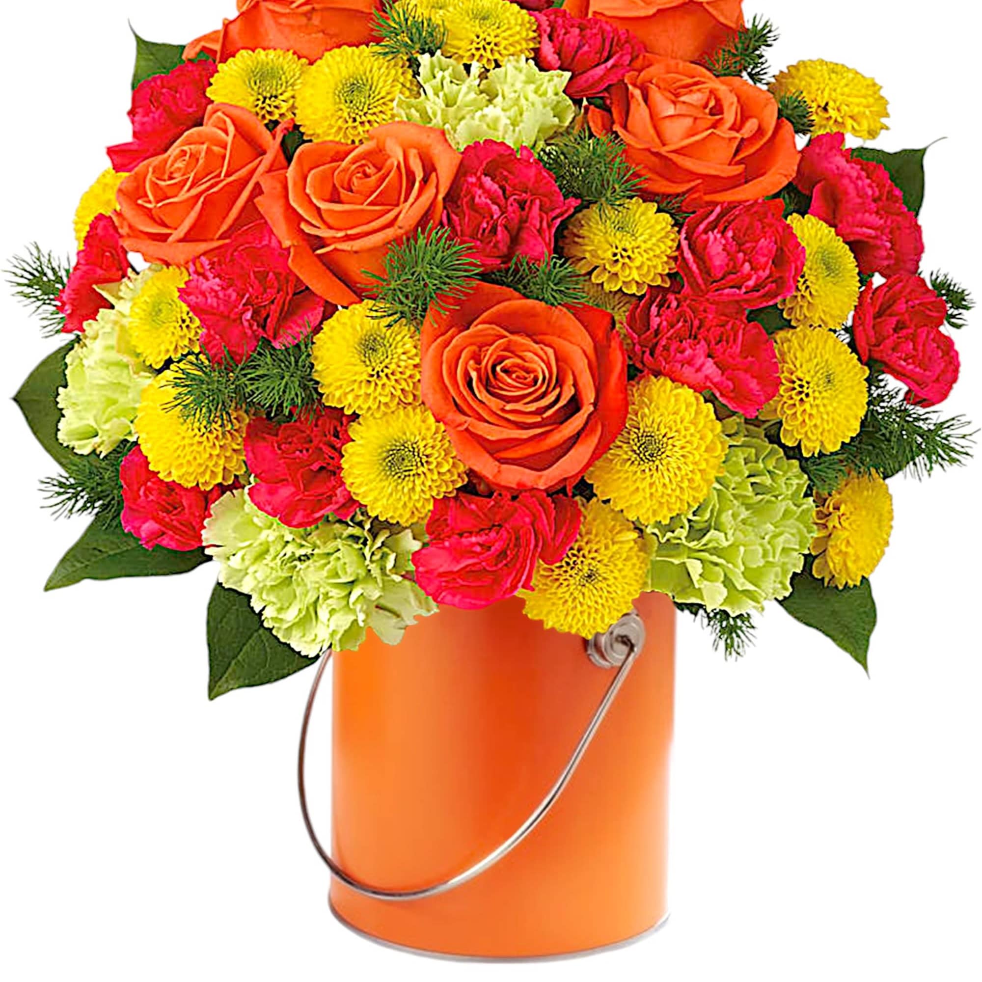 Orange roses and yellow pom flowers in an orange bucket