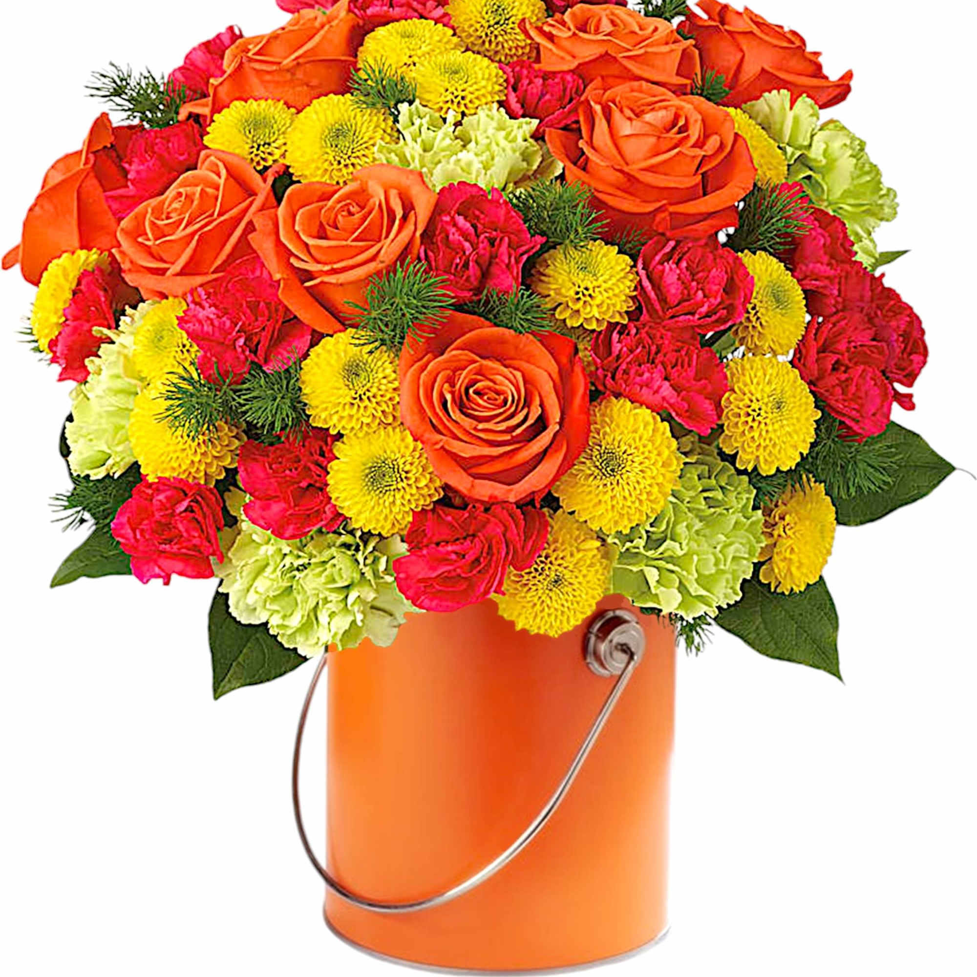 Bright mixed bouquet in an orange metal bucket