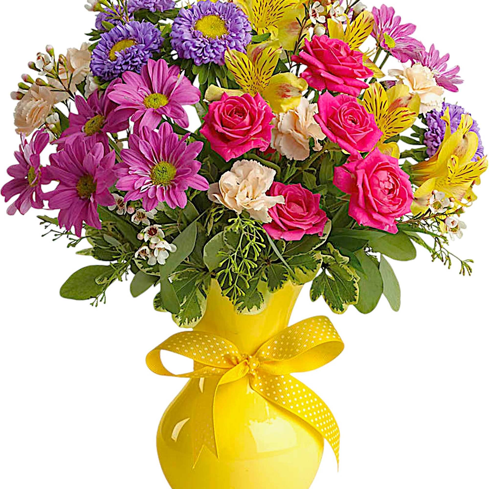Colorful mixed bouquet in a yellow vase with a ribbon bow