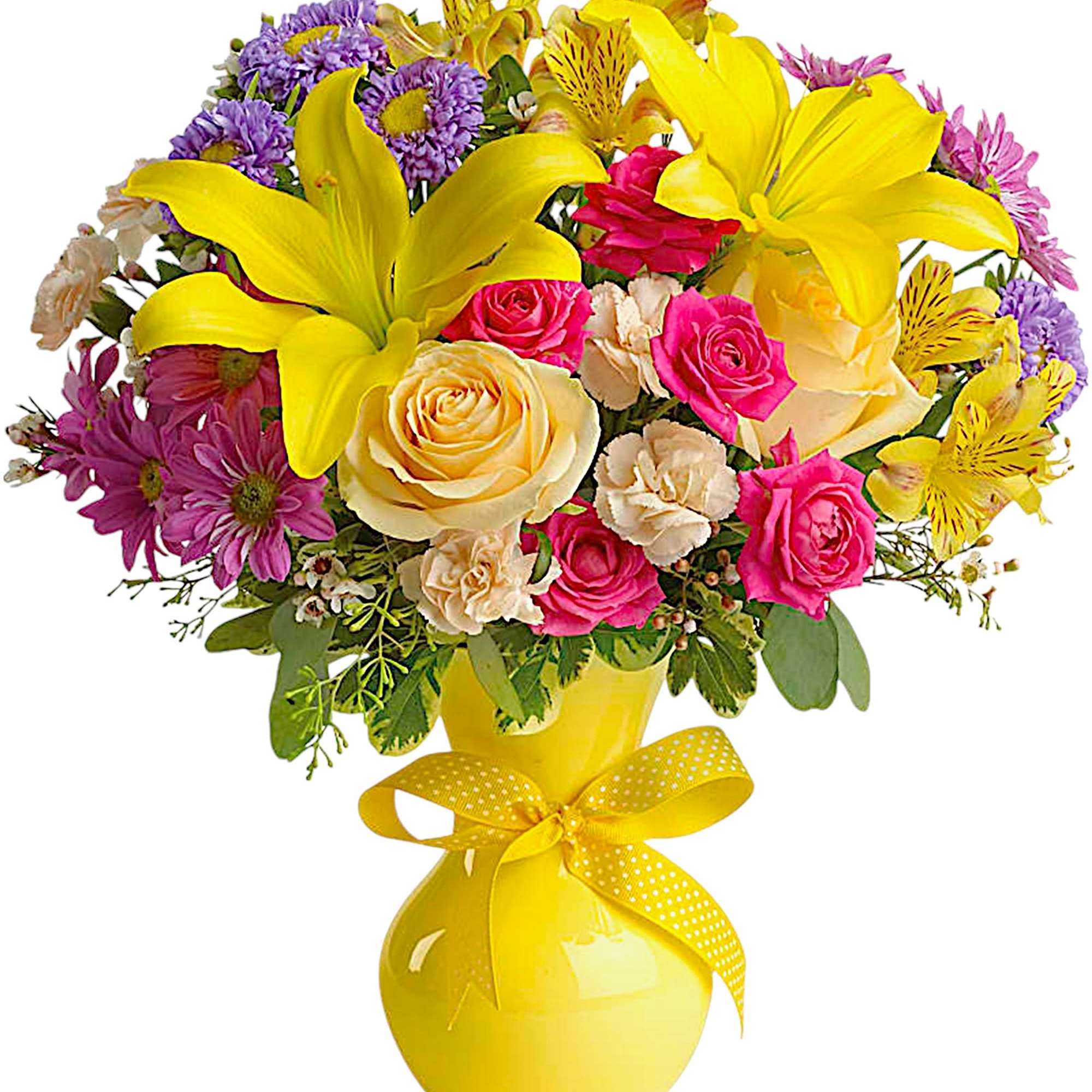 Yellow lilies and mixed pink-purple flowers in a yellow vase with ribbon
