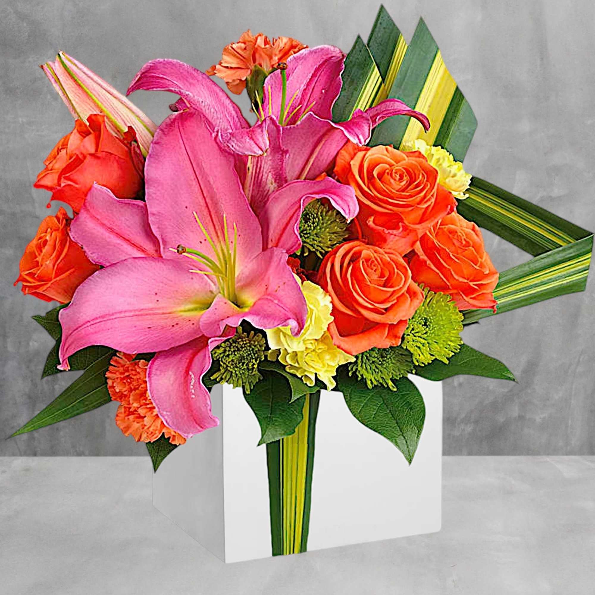 Pink lilies and orange roses arranged in a white box, photo 2 of 2