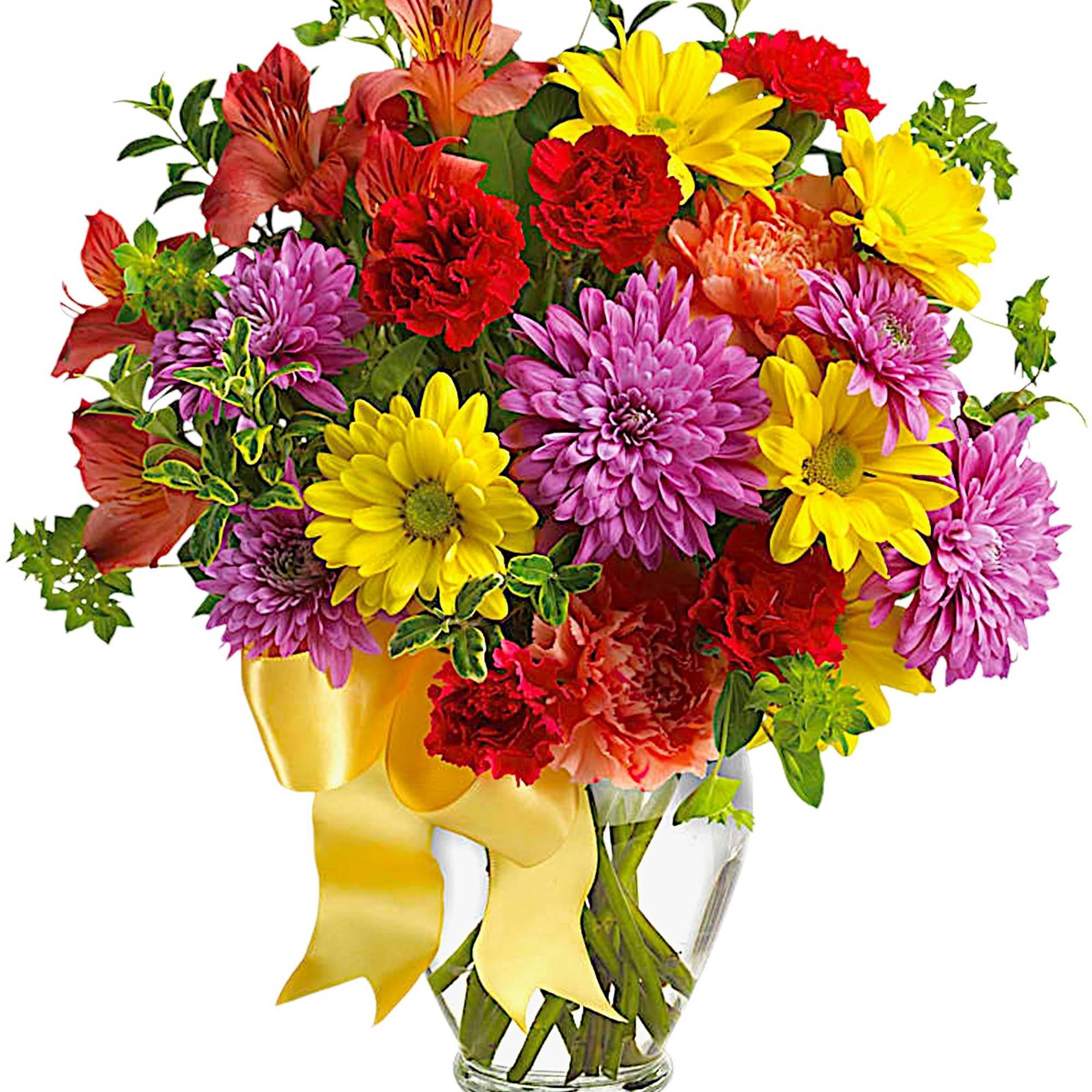 Colorful mixed bouquet in a clear glass vase with a yellow ribbon