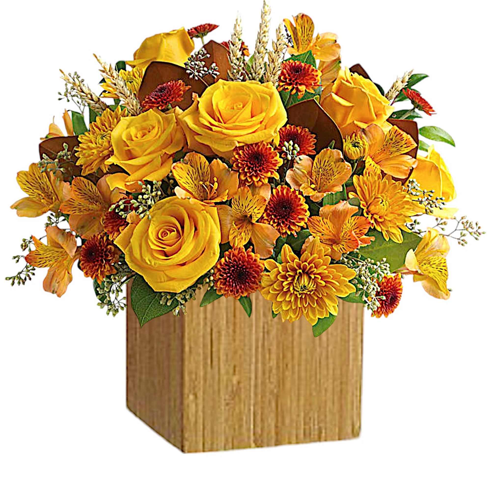 Yellow roses and orange mums arranged in a wooden box