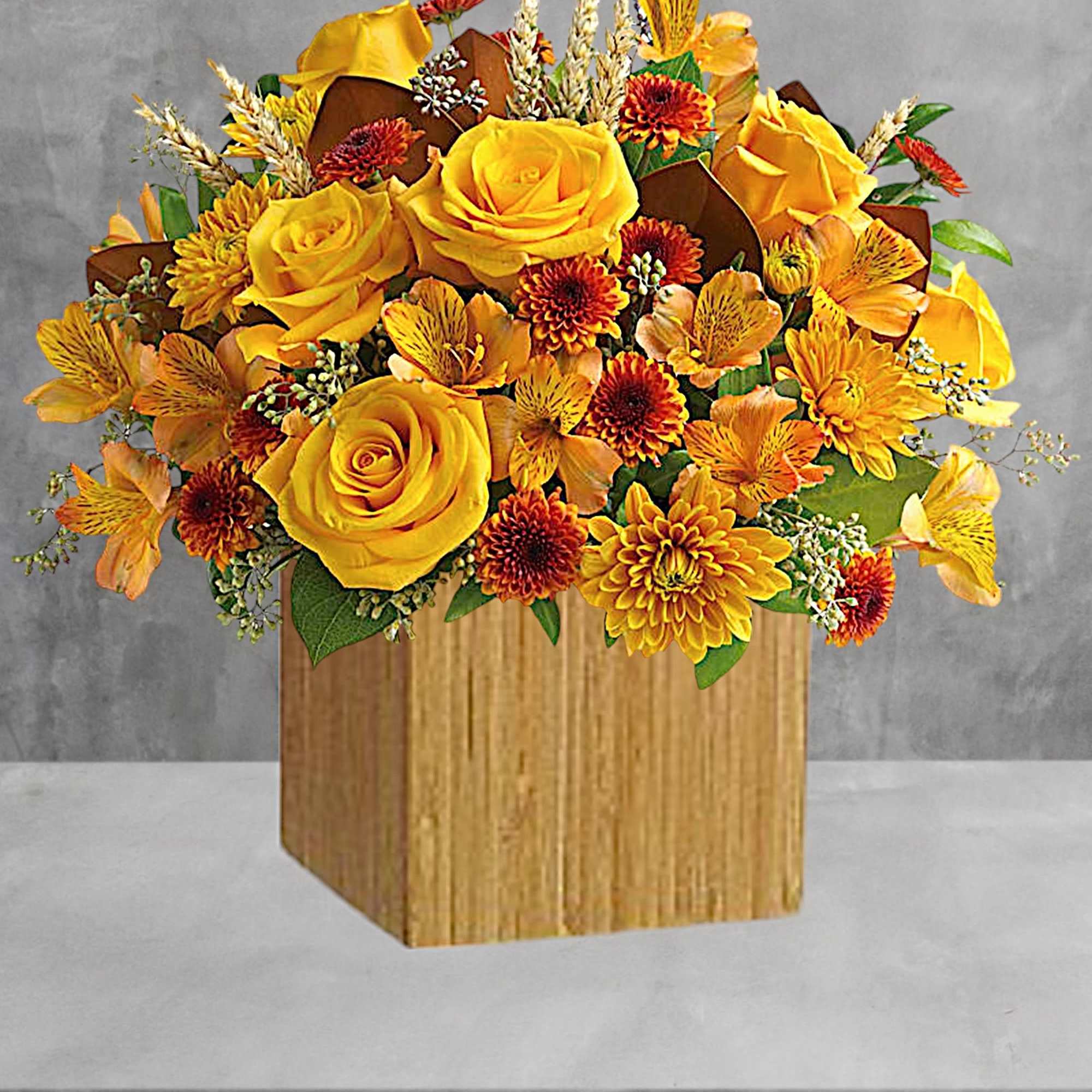Yellow roses and orange mums arranged in a wooden box, photo 2 of 2